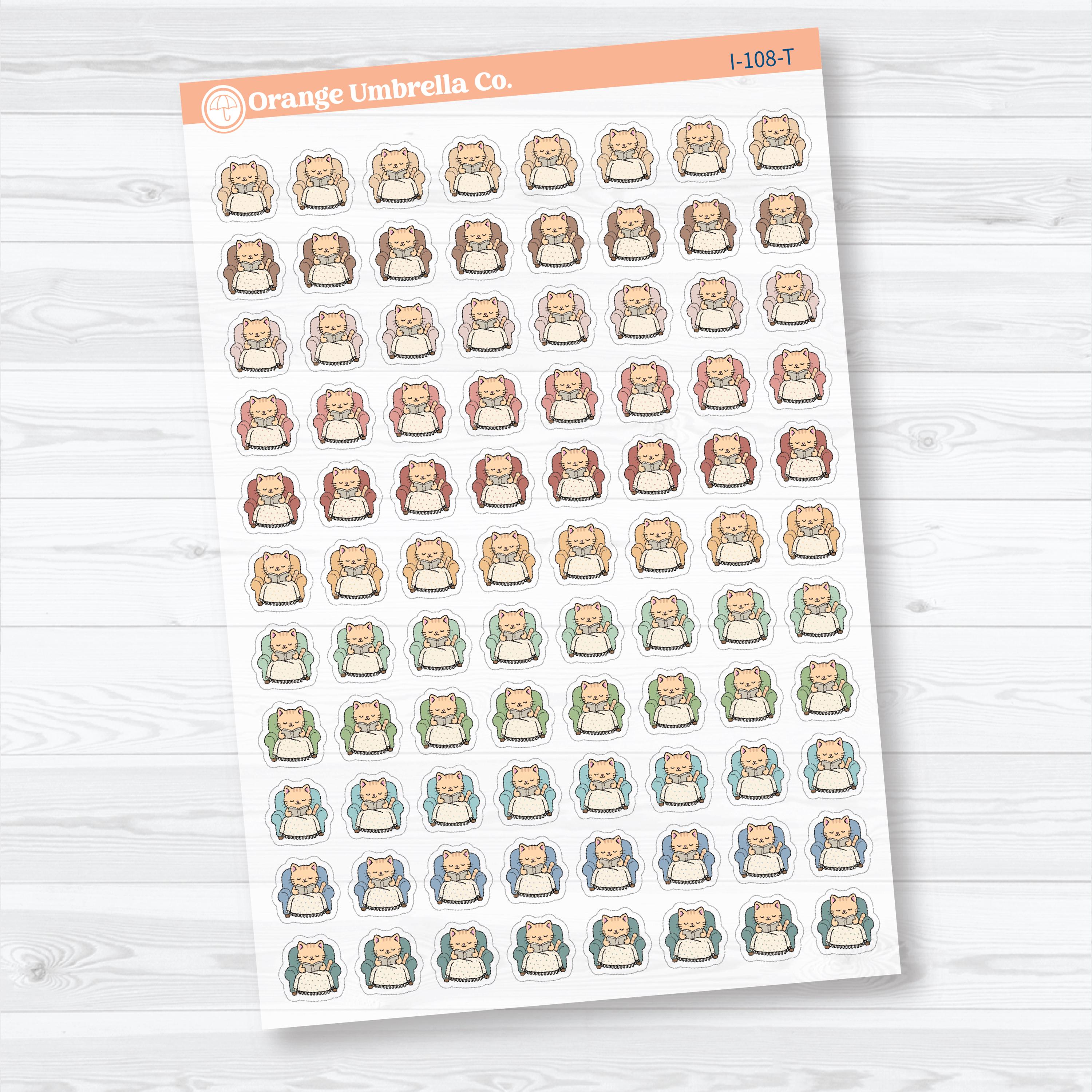 Mini Cozy Reading Spazz | Clear Matte Reading Cat Character Planner Stickers | I-108-CM