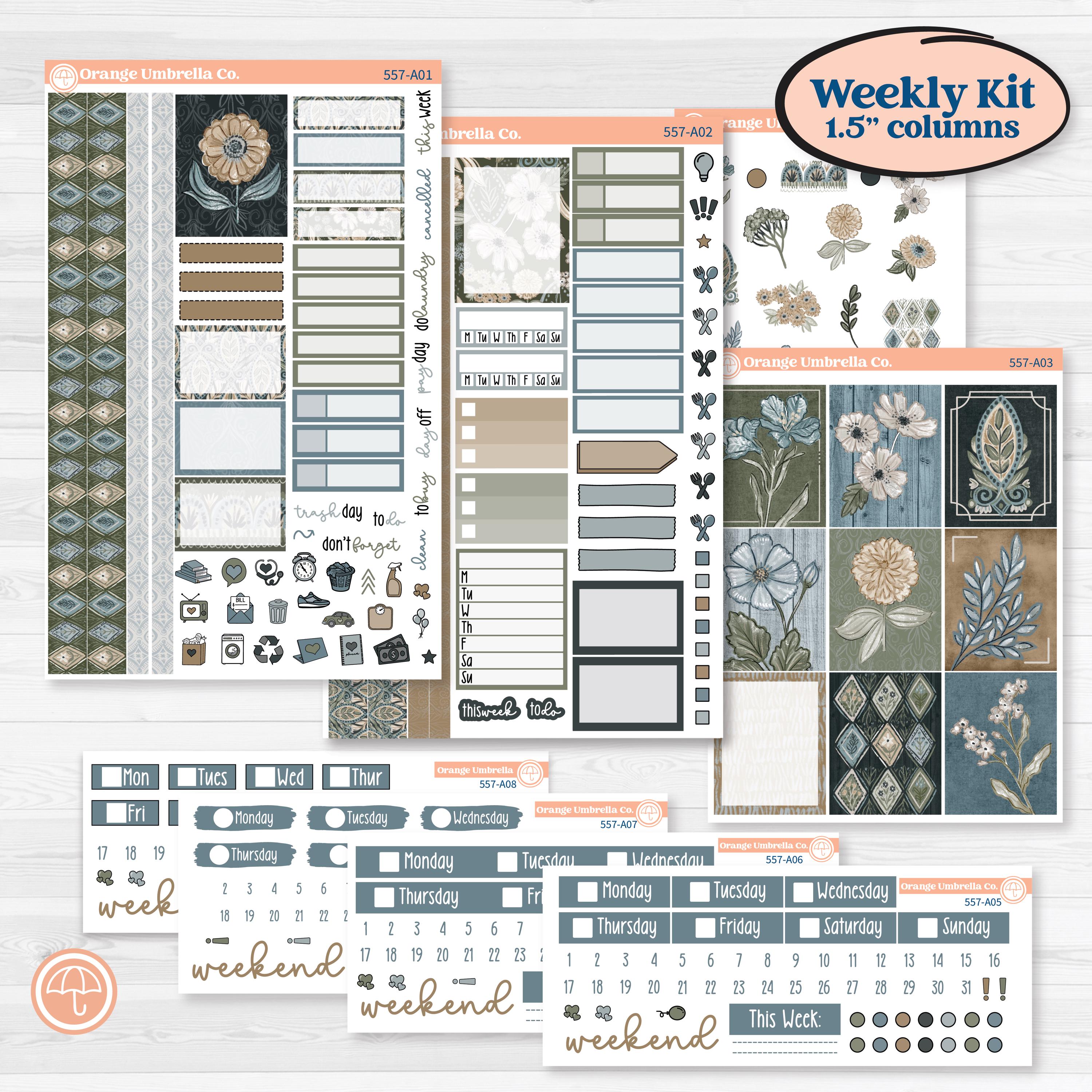 Blue Floral Kit | Weekly Sticker Kit for Vertical Planners like Erin Condren | Sagebrush & Ice | KIT-557-A