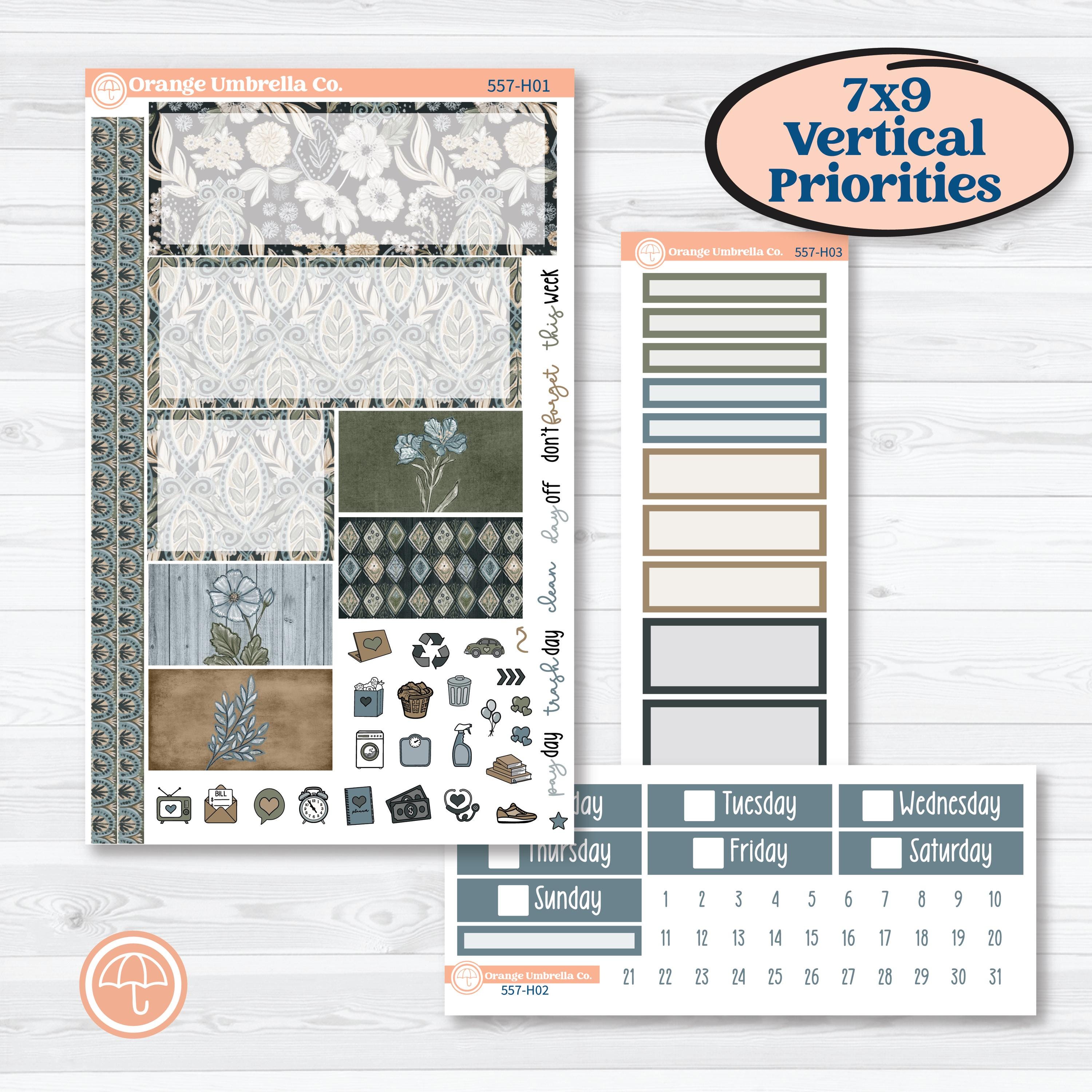 Blue Floral Kit | Plum Vertical Priorities 7x9 Planner Kit Stickers | Sagebrush & Ice | KIT-557-H
