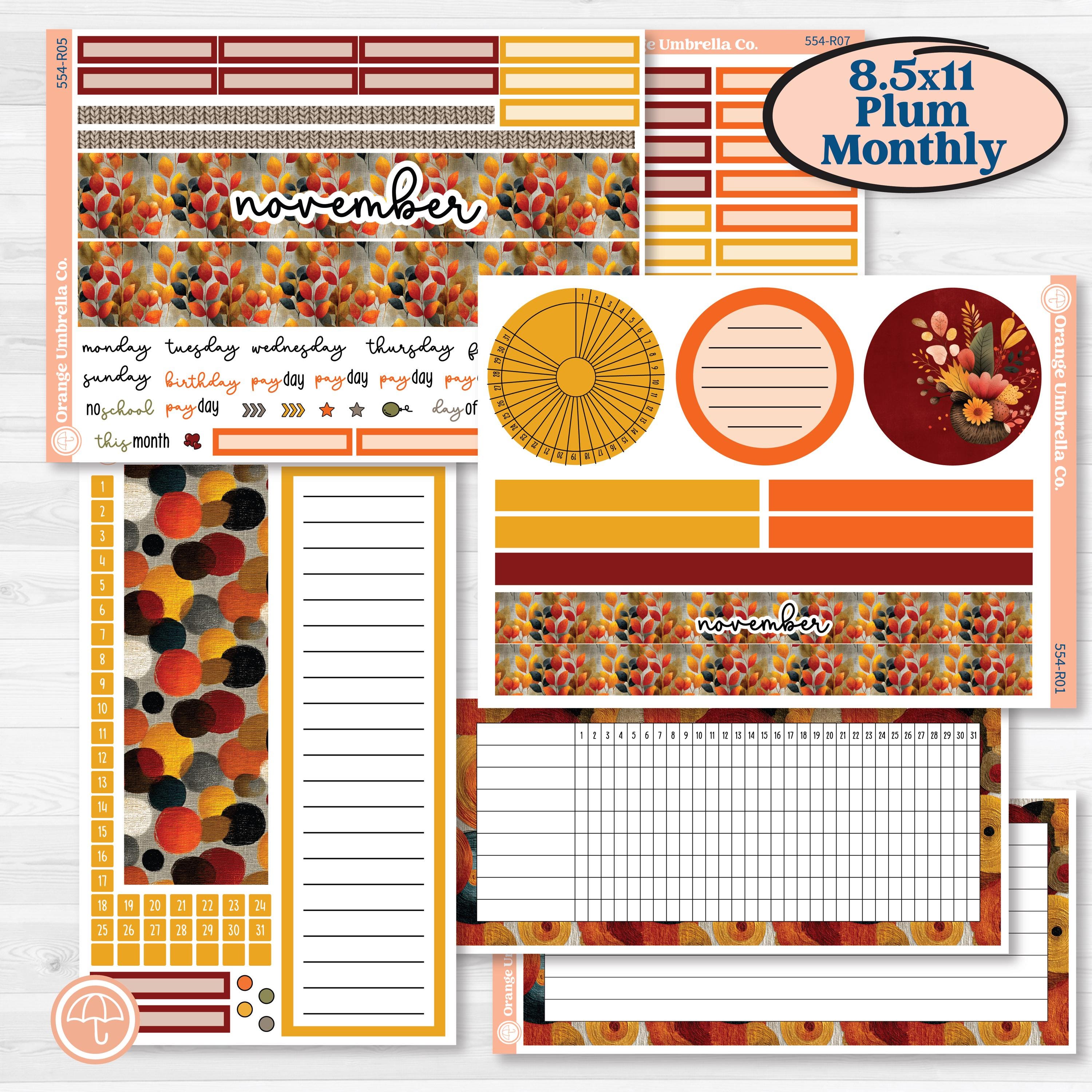 Thanksgiving Planner Kit | 8.5x11 Plum Monthly & Dashboard Planner Kit Stickers | Gather In Gratitude | KIT-554-R