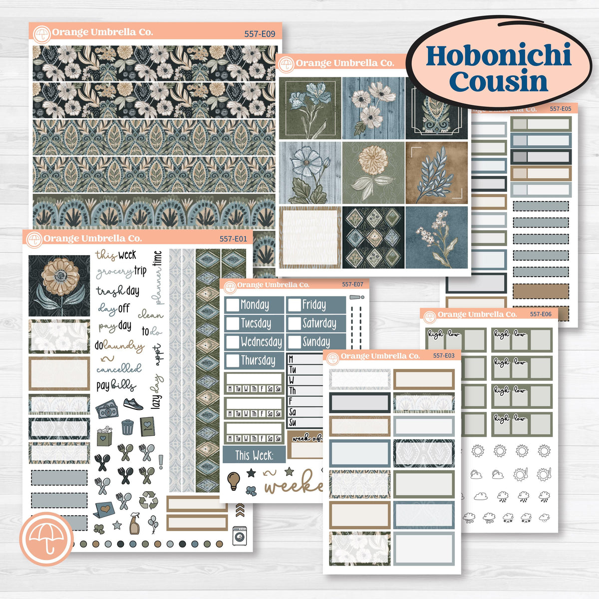 Blue Floral Kit | Hobonichi Cousin Weekly Daily Planner Kit Stickers | Sagebrush & Ice | KIT-557-E