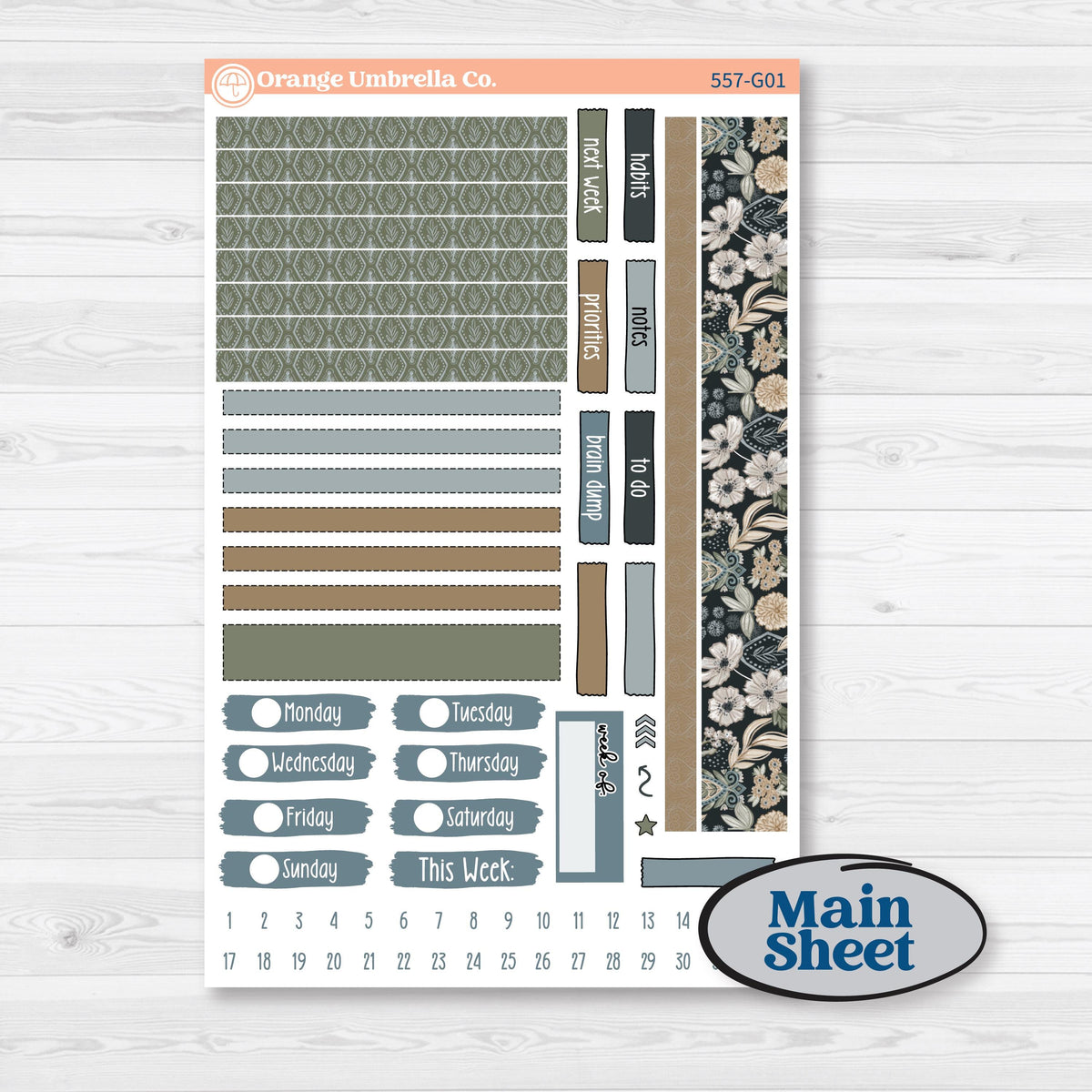 Blue Floral Kit | Erin Condren 7x9 Weekly Dashboard Planner Kit Stickers | Sagebrush & Ice | KIT-557-G