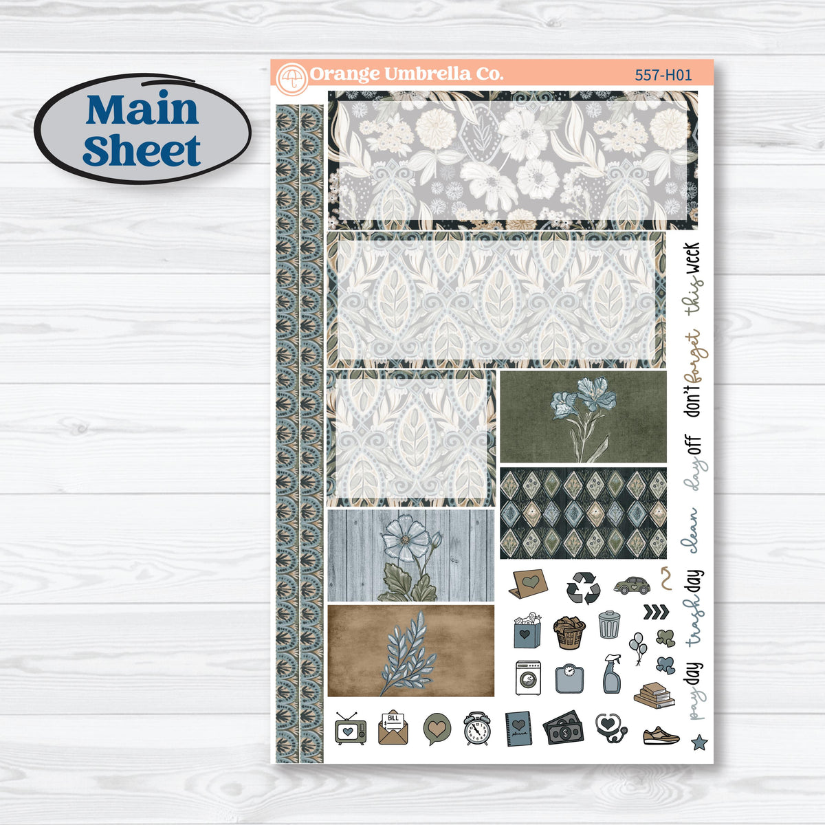Blue Floral Kit | Plum Vertical Priorities 7x9 Planner Kit Stickers | Sagebrush & Ice | KIT-557-H