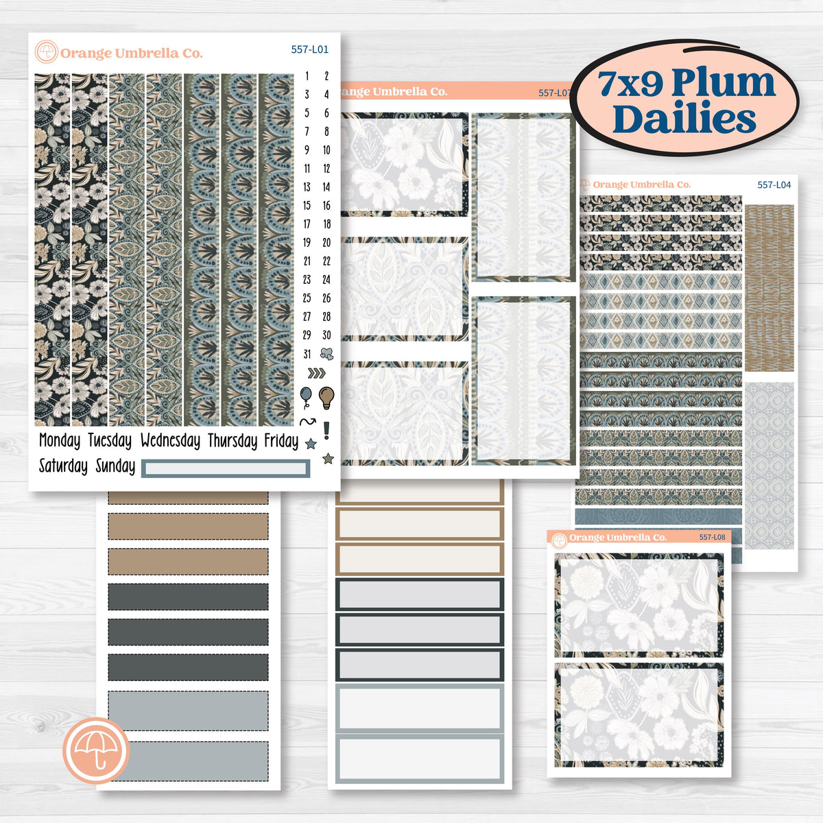 Blue Floral Kit | 7x9 Plum Daily Planner Kit Stickers | Sagebrush & Ice | KIT-557-L