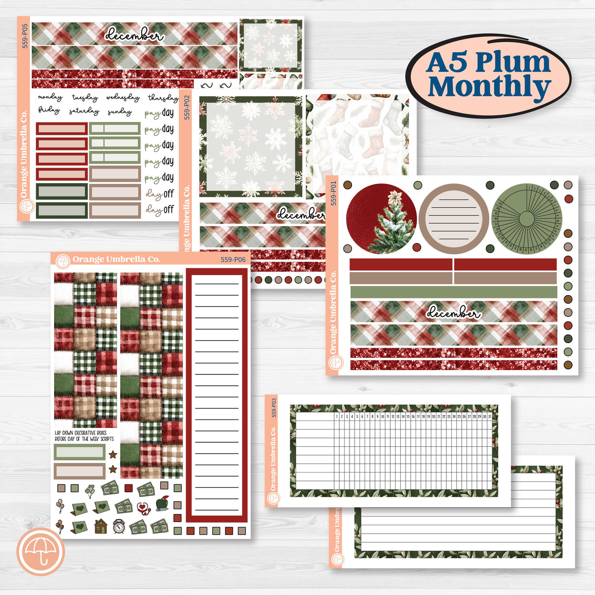 Vintage Christmas Planner Kit | A5 Plum Monthly & Dashboard Planner Kit Stickers | Christmas Village | KIT-559-P