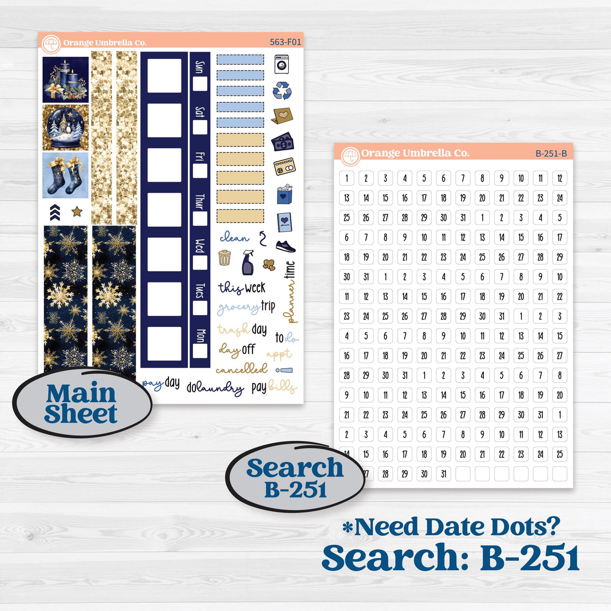 Blue and Gold Christmas Planner Kit | Hobonichi Weeks Weekly Stickers | Twas The Night | KIT-563-F