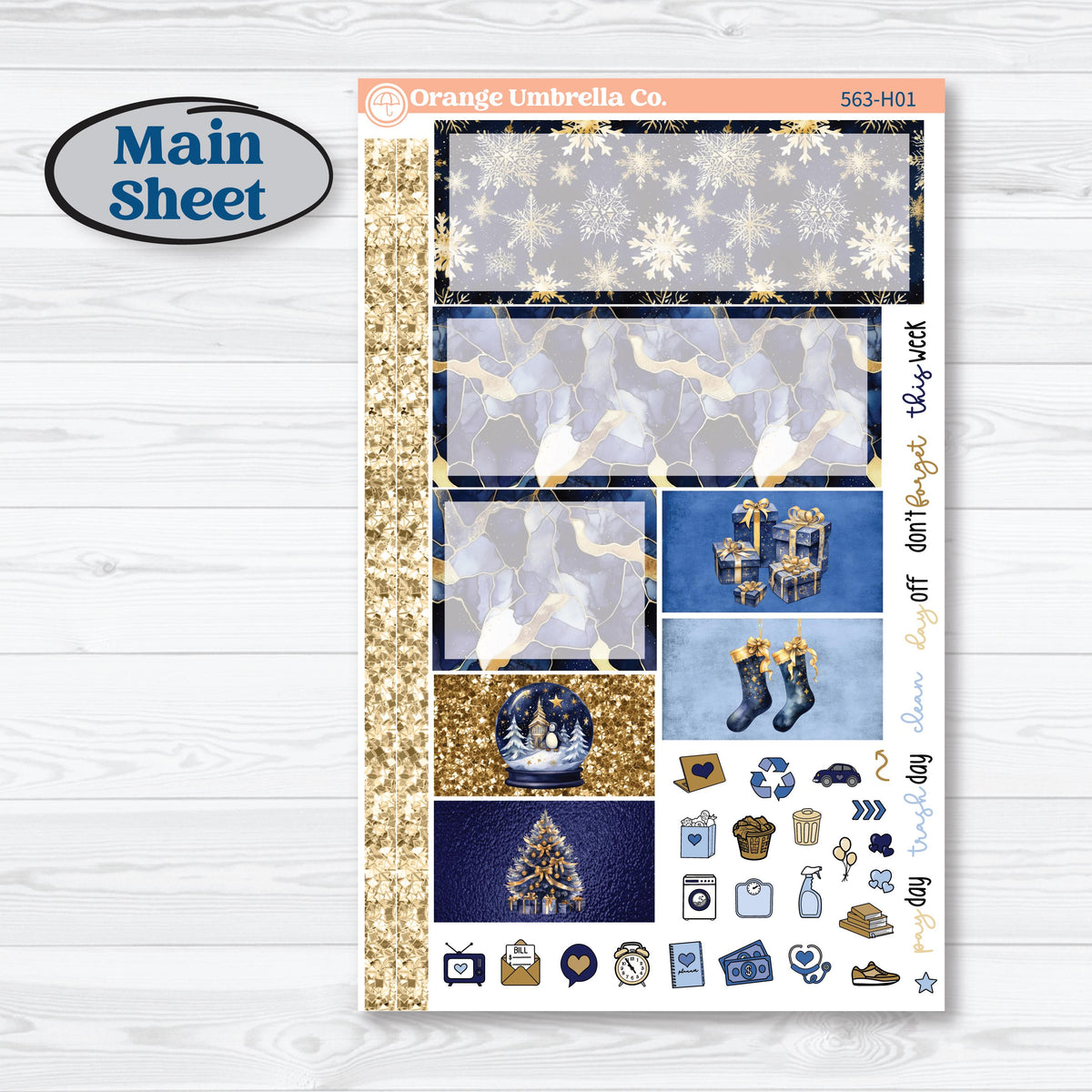 Blue and Gold Christmas Planner Kit | Plum Vertical Priorities 7x9 Stickers | Twas The Night | KIT-563-H
