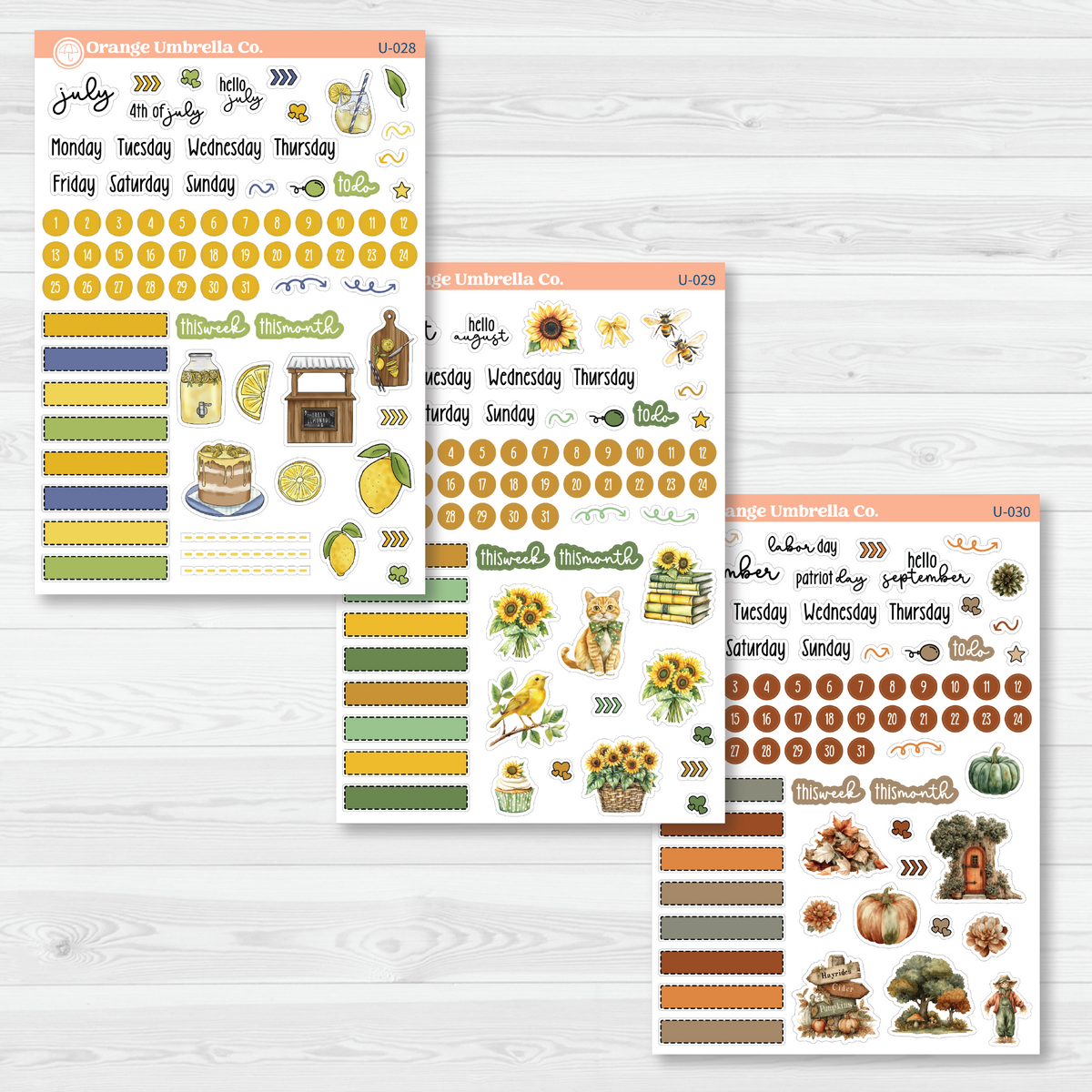 July through September Universal Journal Kit sticker sheets included in the twelve-sheet yearly bundle, with monthly headings, date dots, blank labels, and seasonal decorative accents.