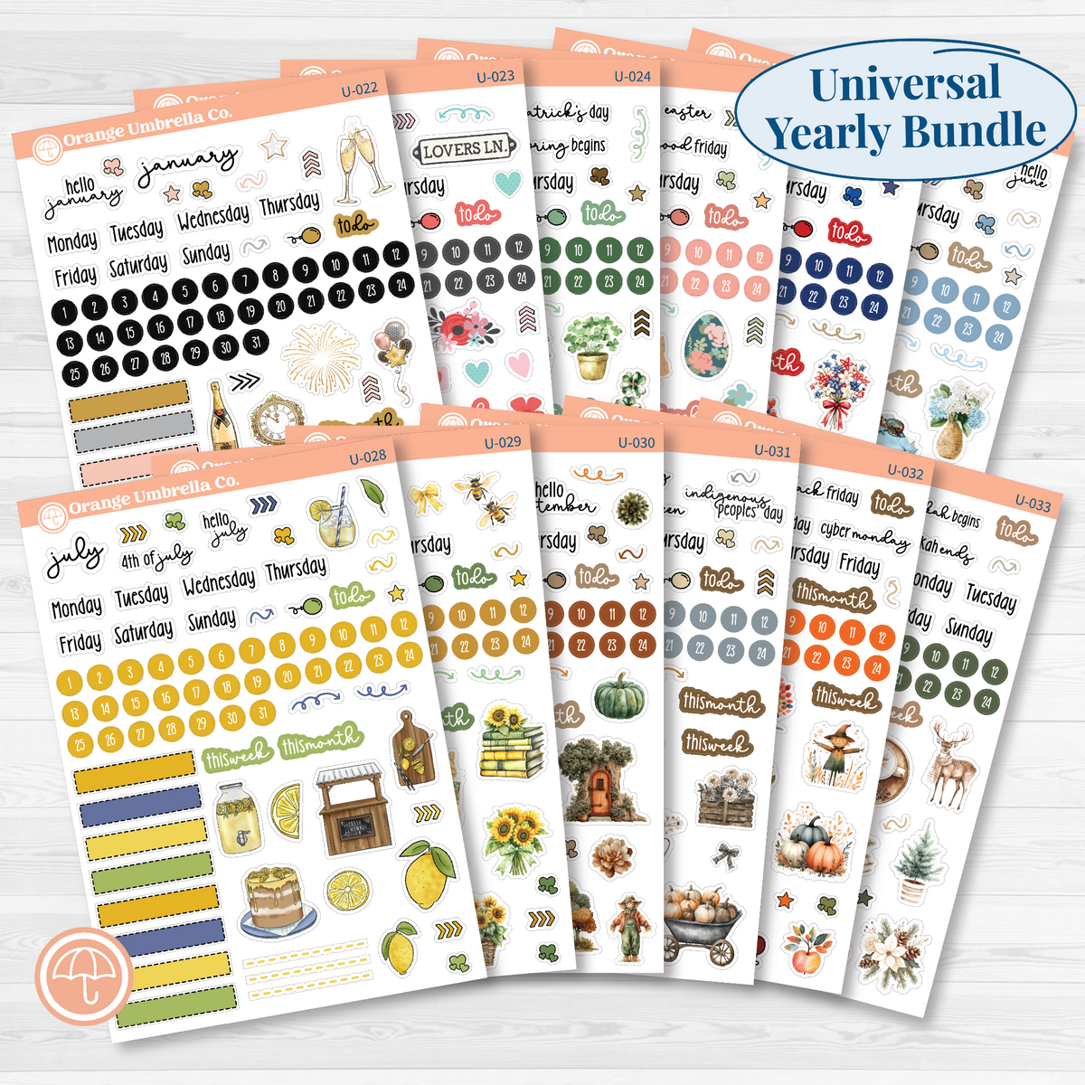 Twelve-sheet January to December Universal Journal Kits bundle with monthly headings, date dots, blank labels, and coordinating seasonal decorative stickers.
