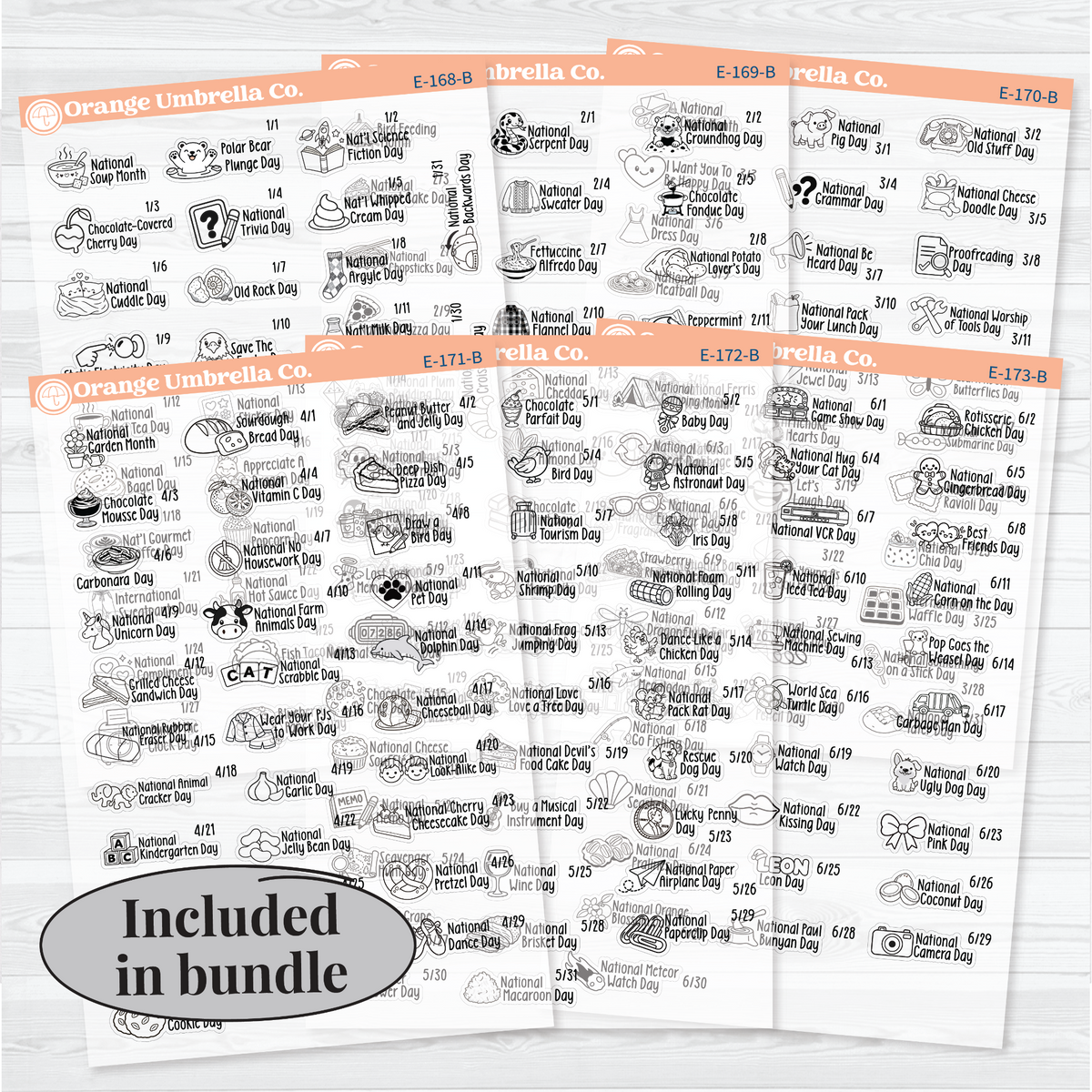 January–June F18 wacky holiday sticker sheets with black outline illustrations, holiday names, and dates on clear matte paper. All Sheets Bundle.