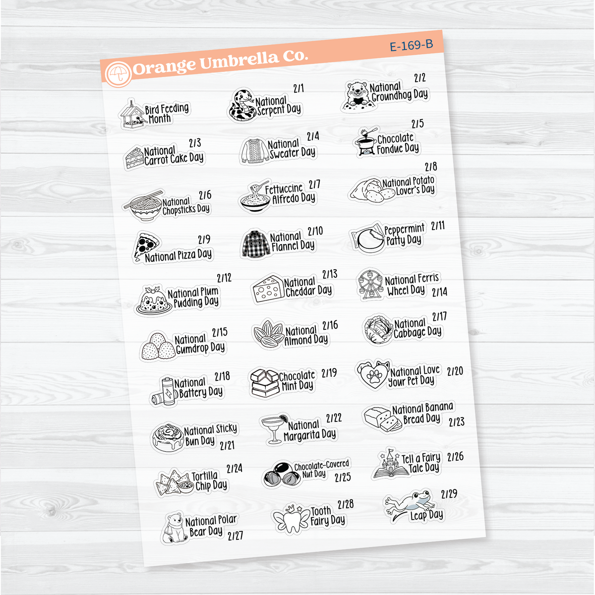 February F18 wacky holiday sticker sheets with black outline illustrations, holiday names, and dates on clear matte paper.
