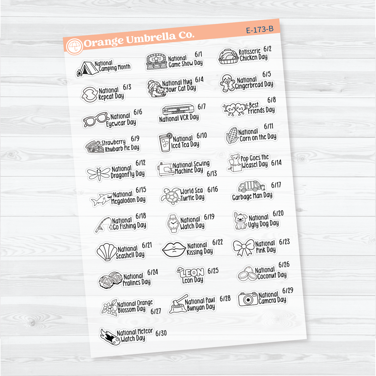 June F18 wacky holiday sticker sheets with black outline illustrations, holiday names, and dates on clear matte paper.