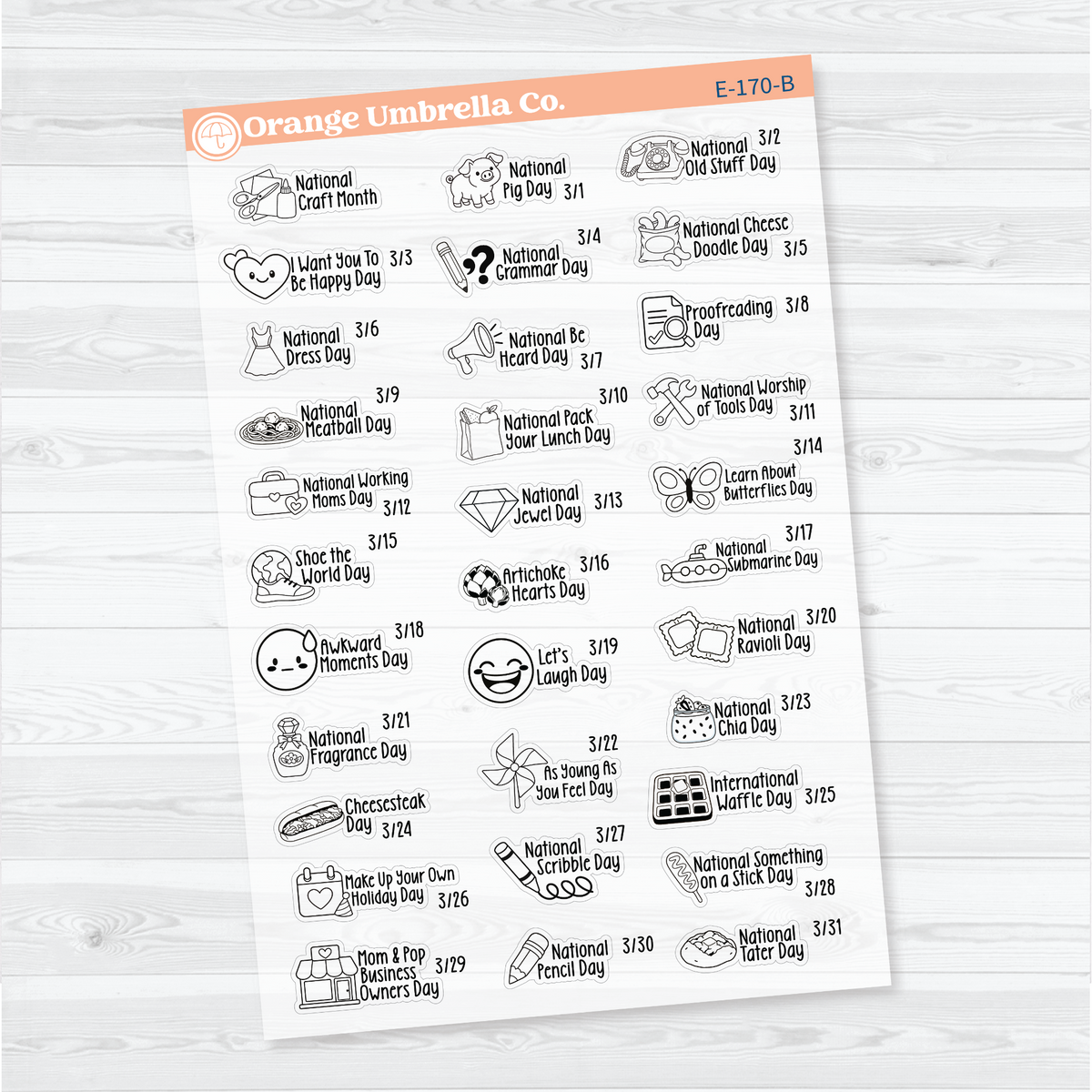 March F18 wacky holiday sticker sheets with black outline illustrations, holiday names, and dates on clear matte paper.