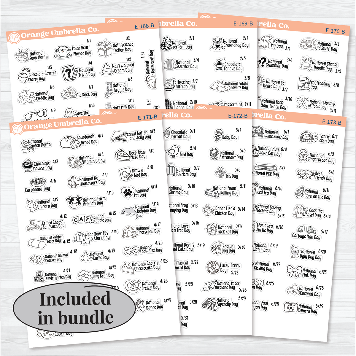 January–June F18 wacky holiday sticker sheets with black outline illustrations, holiday names, and dates on removable white matte paper. All Sheets Bundle.