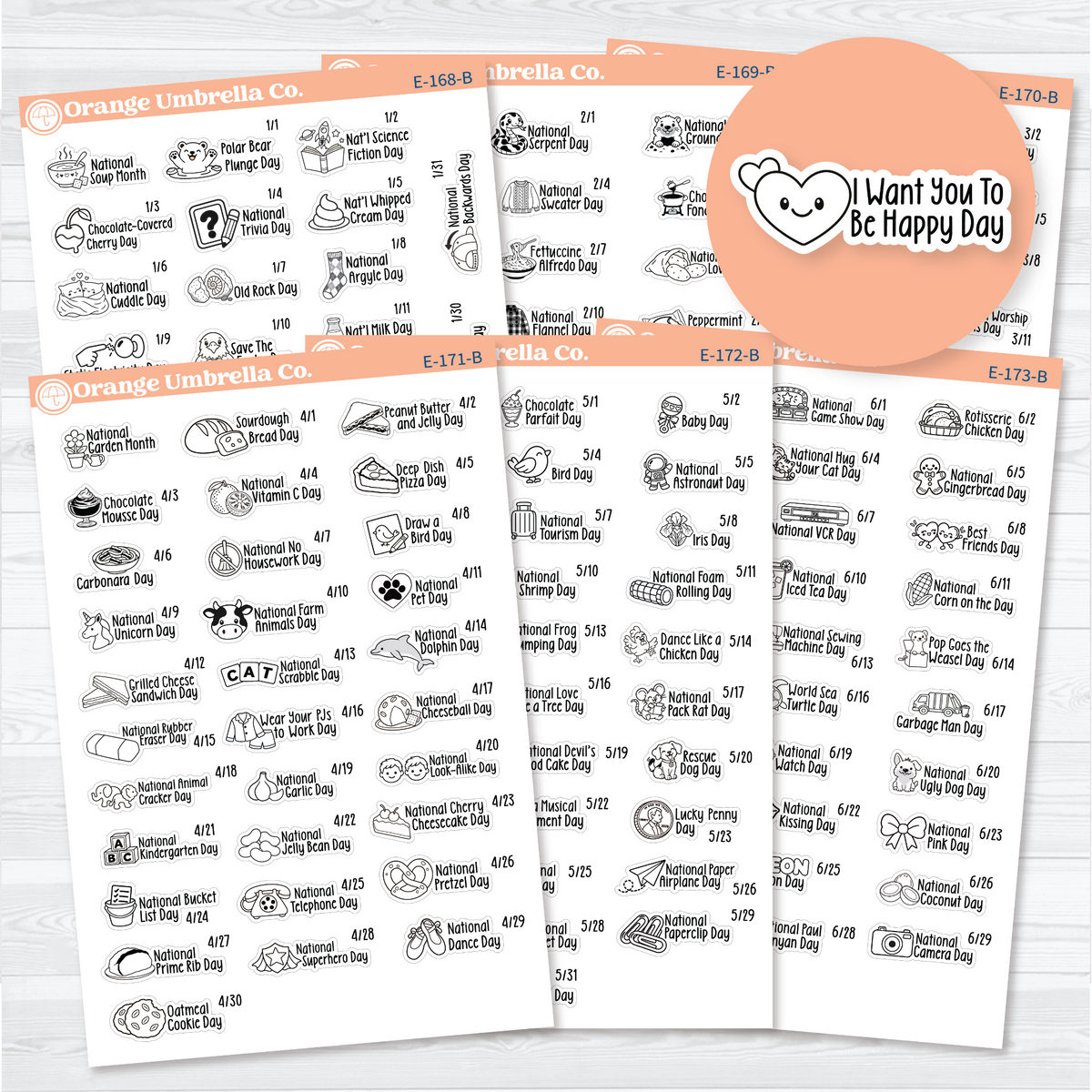 January–June F18 wacky holiday sticker sheets with black outline illustrations, holiday names, and dates on removable white matte paper.