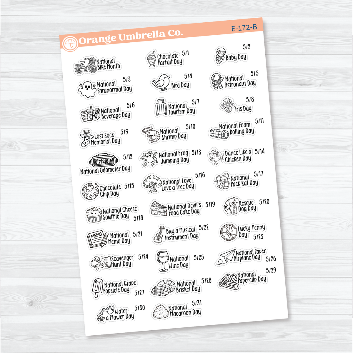 May F18 wacky holiday sticker sheets with black outline illustrations, holiday names, and dates on removable white matte paper.