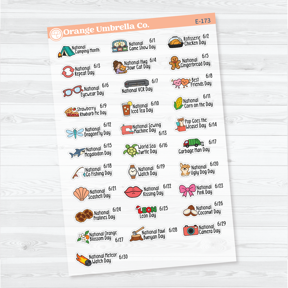 June F18 wacky holiday sticker sheets with colorful illustrations, holiday names, and dates on clear matte paper.