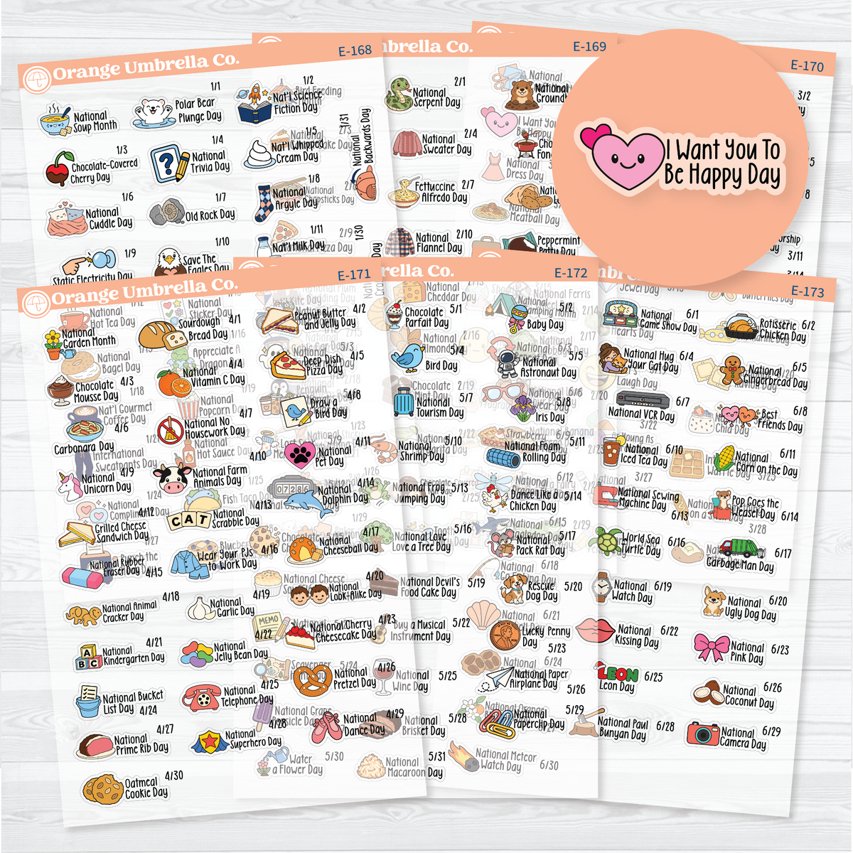 January–June F18 wacky holiday sticker sheets with colorful illustrations, holiday names, and dates on clear matte paper.