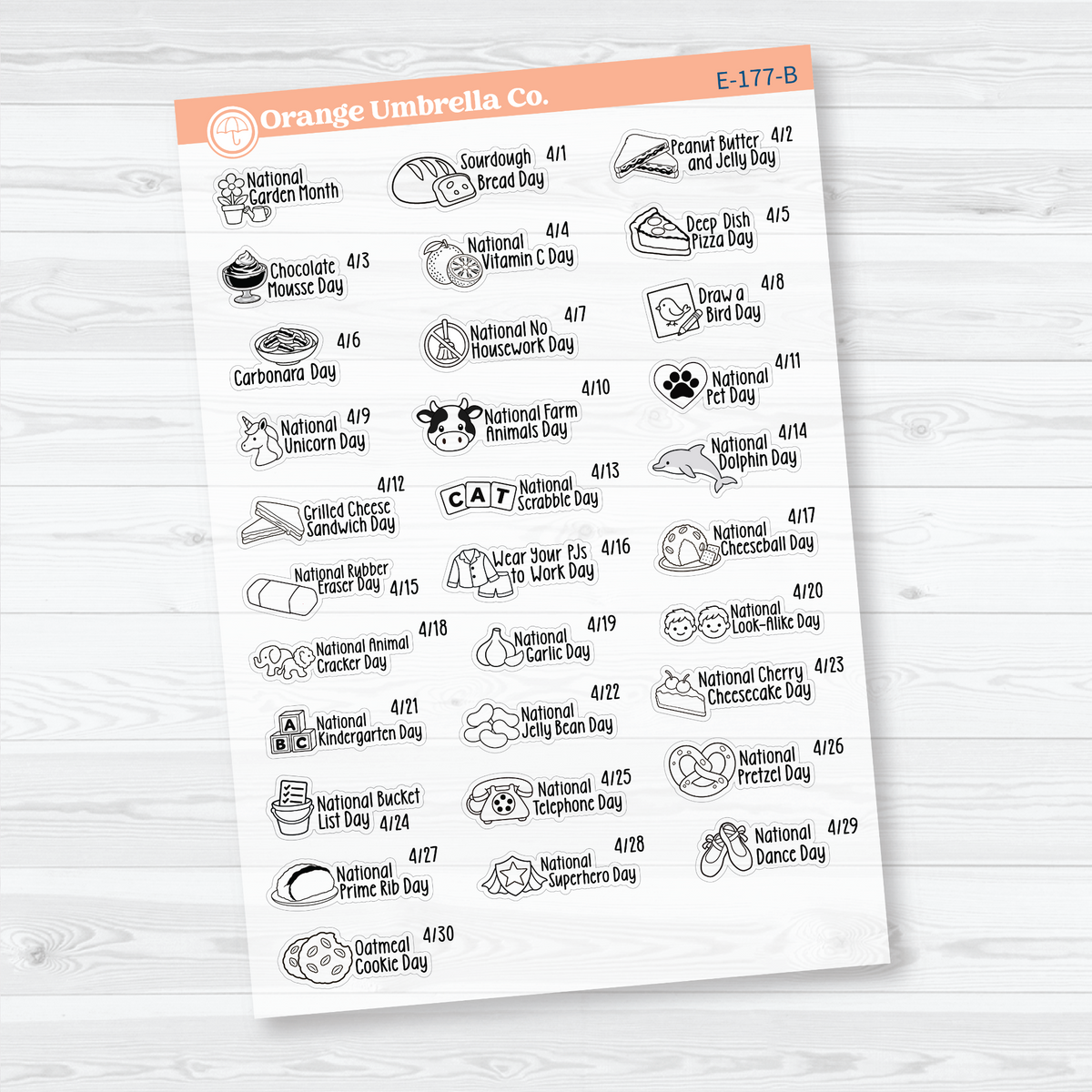 April F18 mini wacky holiday sticker sheets with black outline illustrations, holiday names, and dates on clear matte paper.