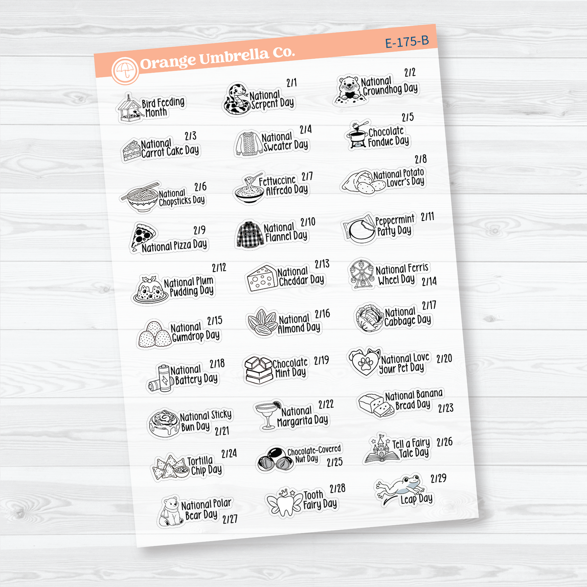 February F18 mini wacky holiday sticker sheets with black outline illustrations, holiday names, and dates on clear matte paper.