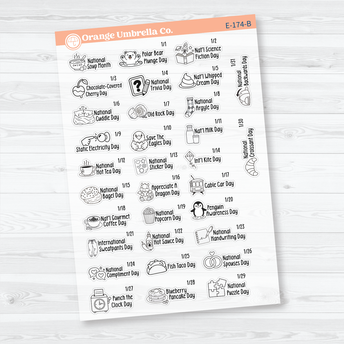 January F18 mini wacky holiday sticker sheets with black outline illustrations, holiday names, and dates on clear matte paper.