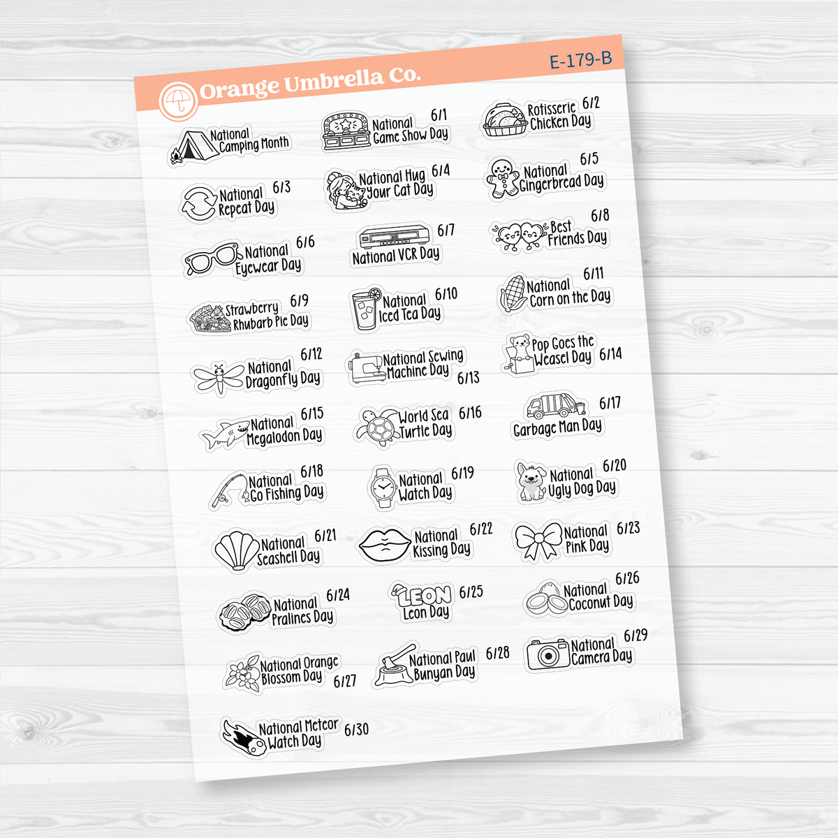 June F18 mini wacky holiday sticker sheets with black outline illustrations, holiday names, and dates on clear matte paper.