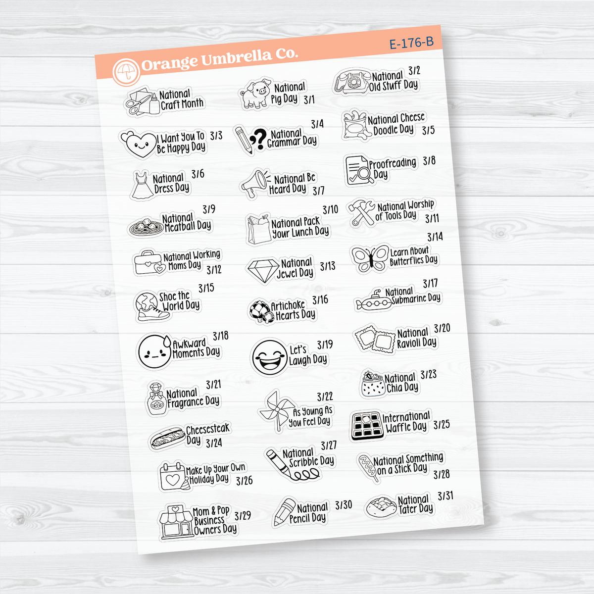 March F18 mini wacky holiday sticker sheets with black outline illustrations, holiday names, and dates on clear matte paper.