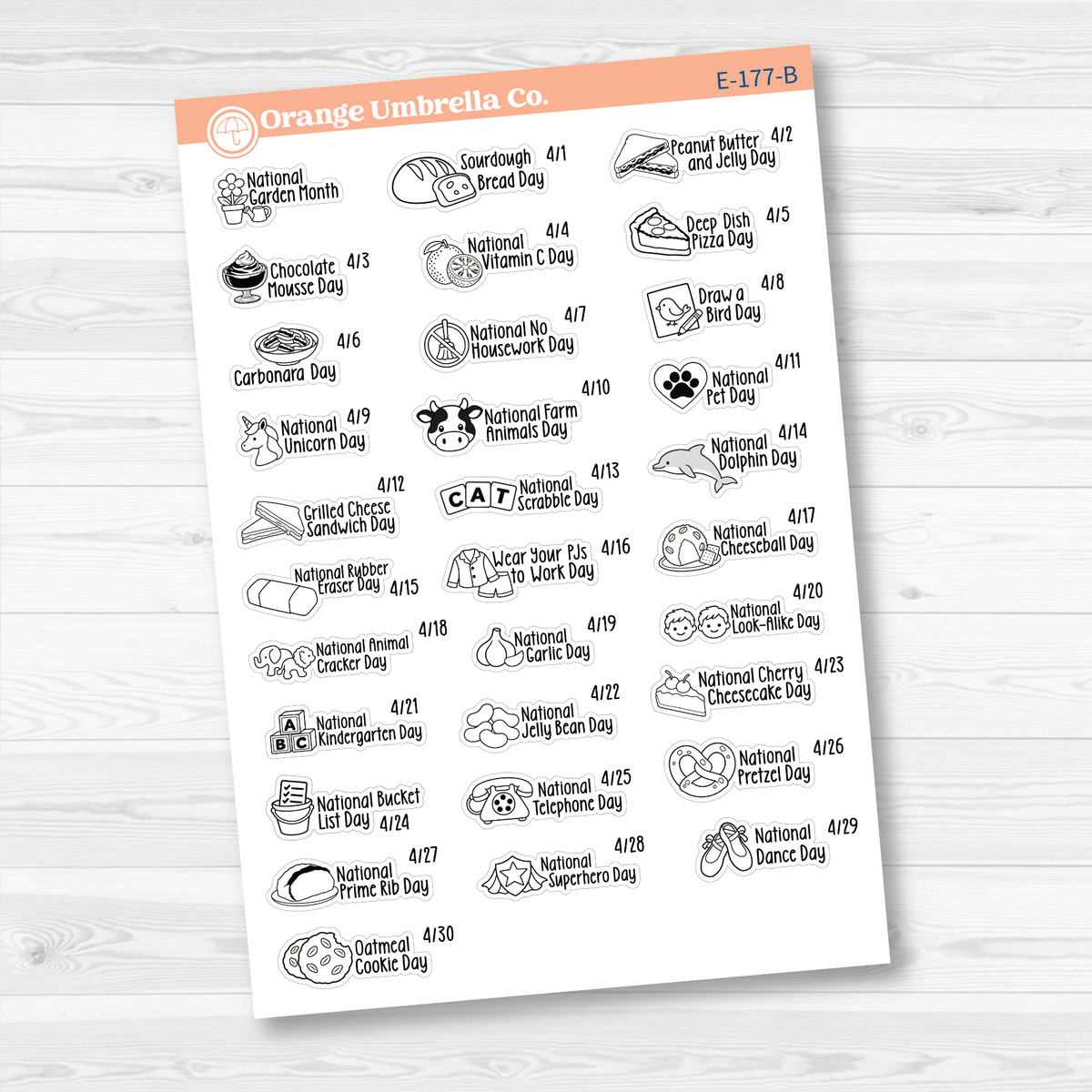 April F18 mini wacky holiday sticker sheets with black outline illustrations, holiday names, and dates on removable white matte paper.