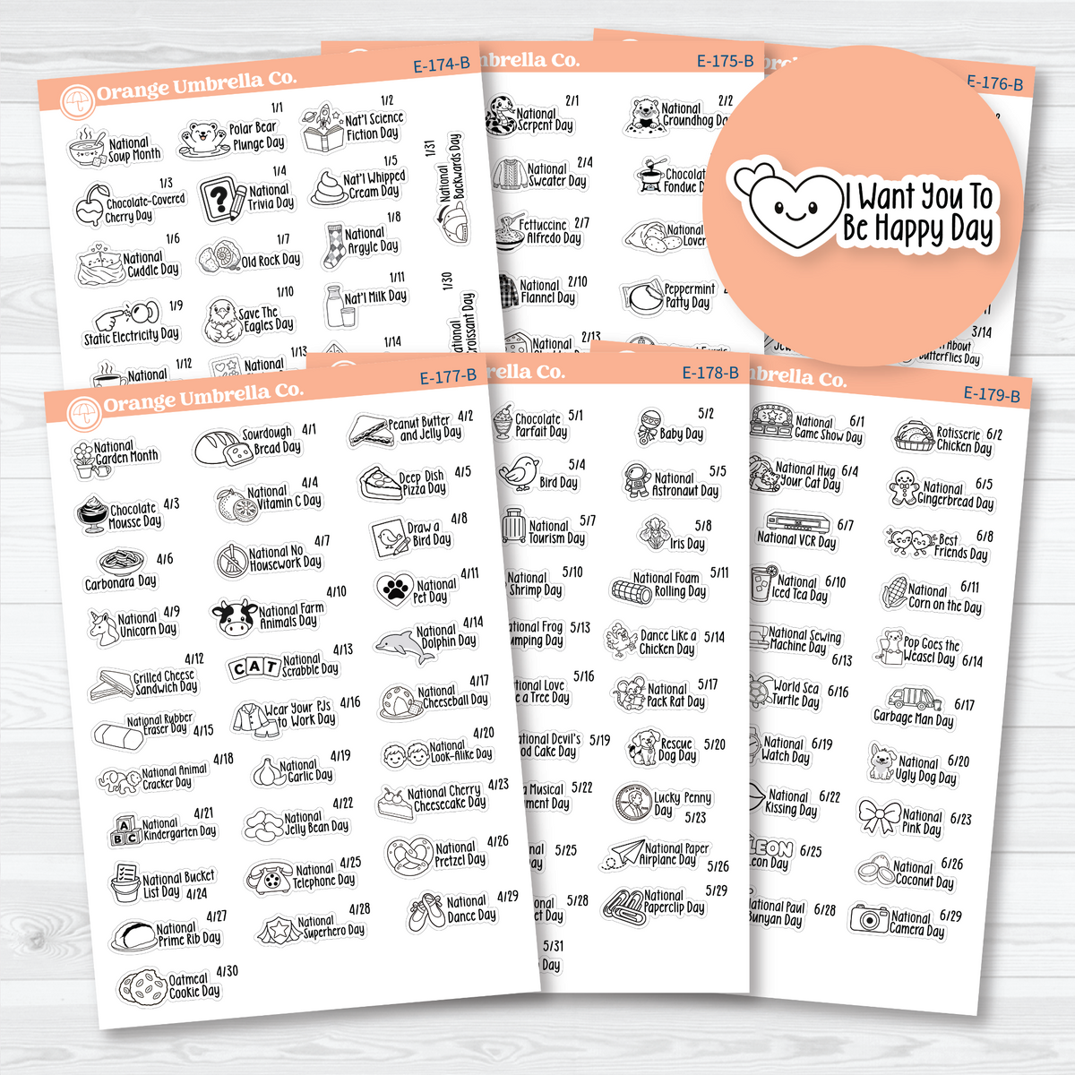 January–June F18 mini wacky holiday sticker sheets with black outline illustrations, holiday names, and dates on removable white matte paper.