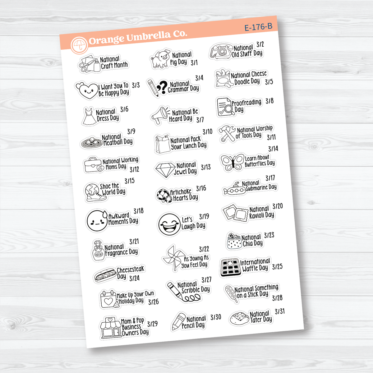 March F18 mini wacky holiday sticker sheets with black outline illustrations, holiday names, and dates on removable white matte paper.