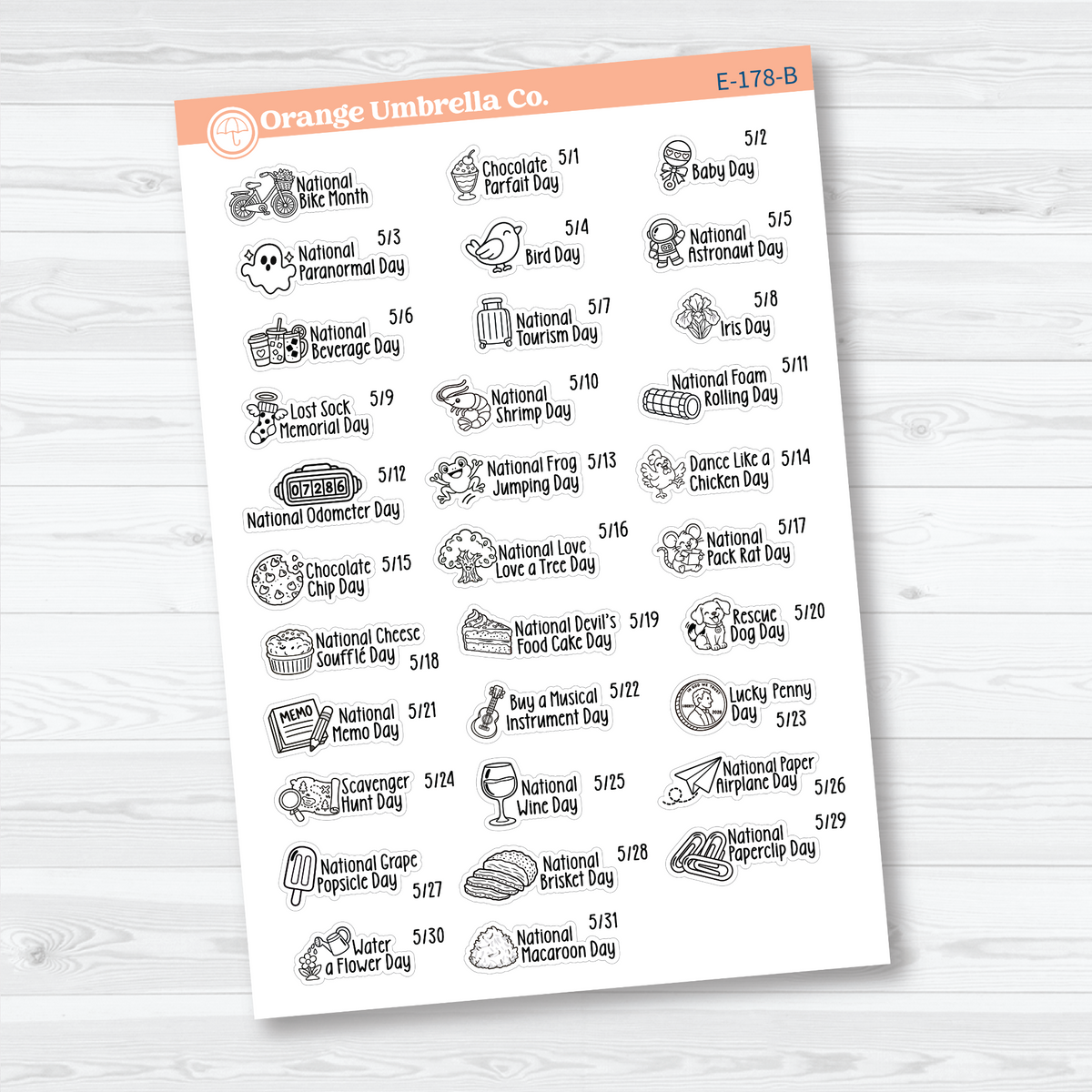 May F18 mini wacky holiday sticker sheets with black outline illustrations, holiday names, and dates on removable white matte paper.