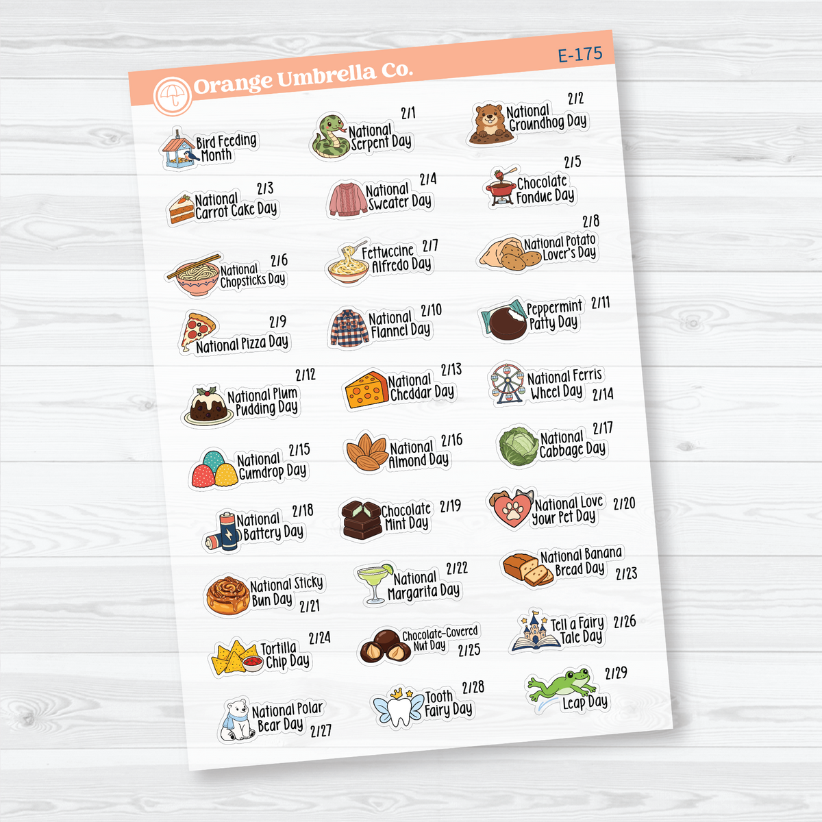 February F18 mini wacky holiday sticker sheets with colorful illustrations, holiday names, and dates on clear matte paper.