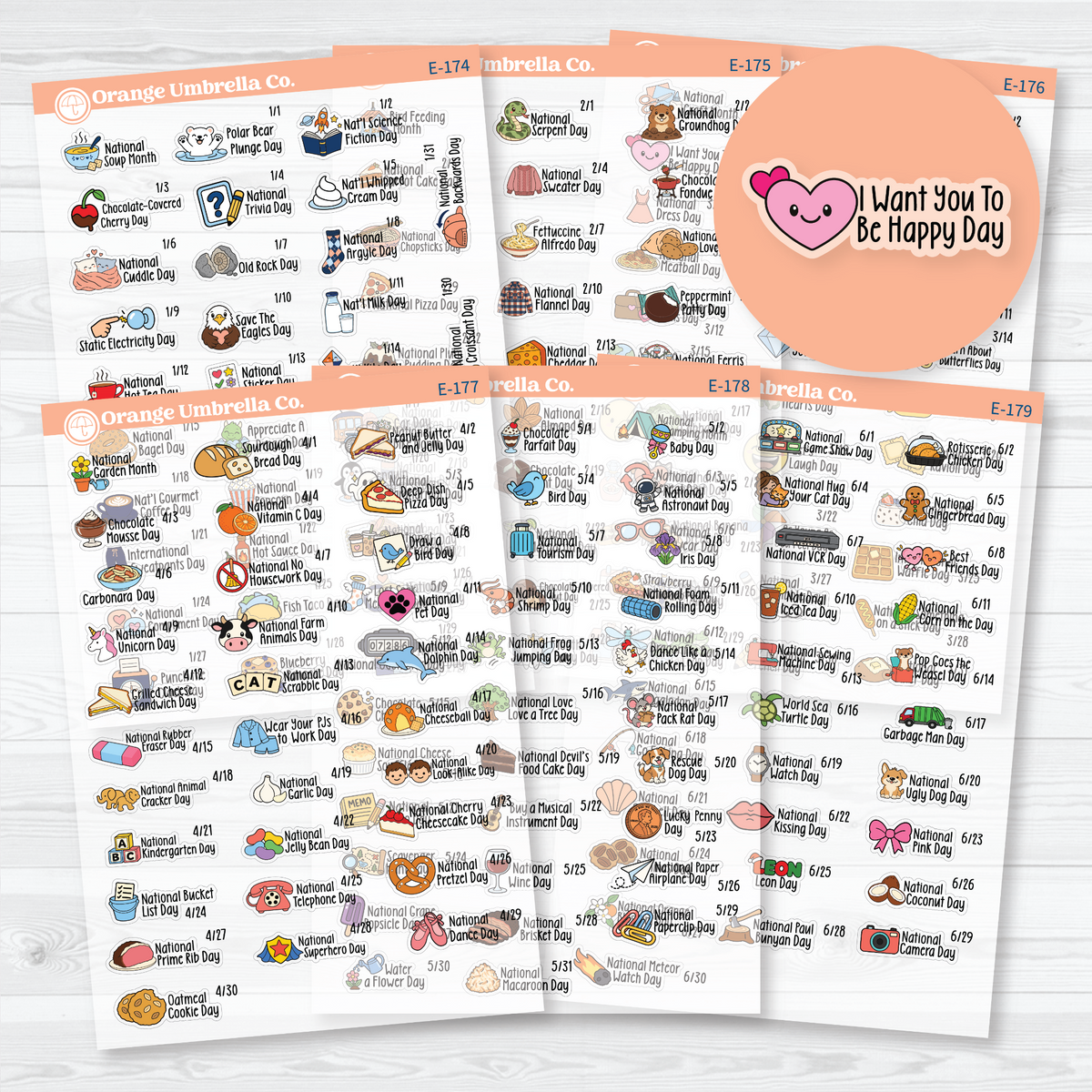 January–June F18 mini wacky holiday sticker sheets with colorful illustrations, holiday names, and dates on clear matte paper.
