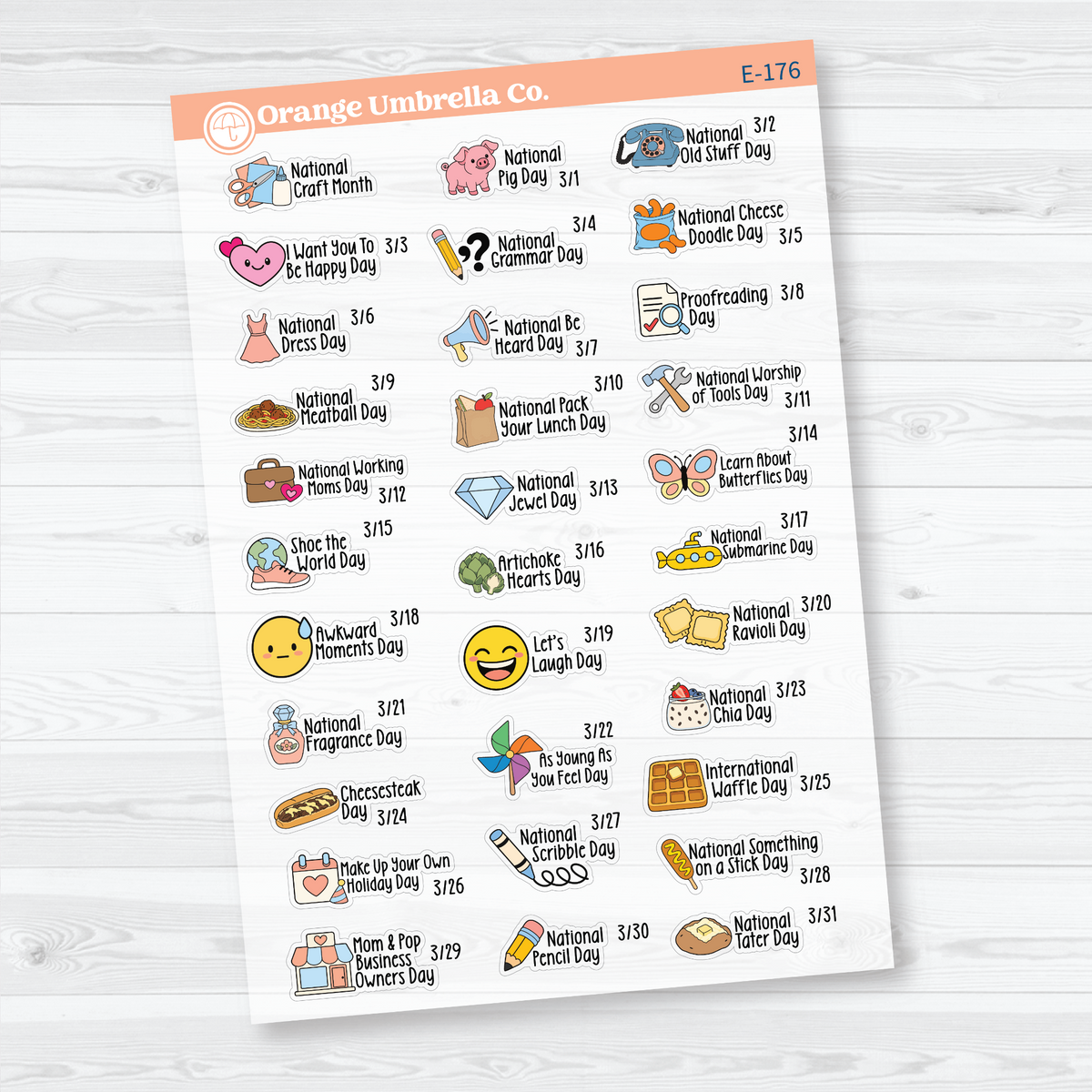 March F18 mini wacky holiday sticker sheets with colorful illustrations, holiday names, and dates on clear matte paper.