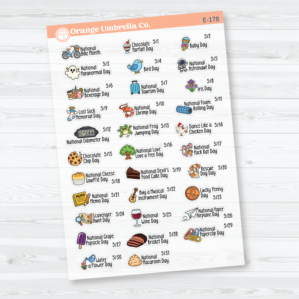 May F18 mini wacky holiday sticker sheets with colorful illustrations, holiday names, and dates on clear matte paper.