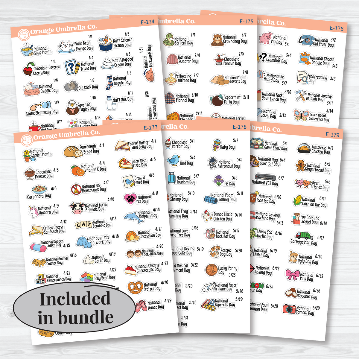 January–June F18 mini wacky holiday sticker sheets with colorful illustrations, holiday names, and dates on removable white matte paper. All Sheets Bundle.