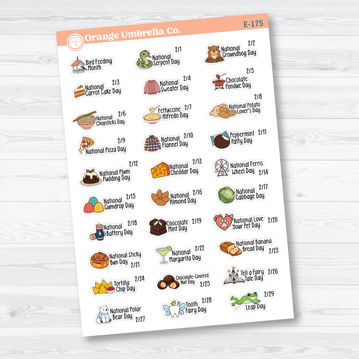 February F18 mini wacky holiday sticker sheets with colorful illustrations, holiday names, and dates on removable white matte paper.