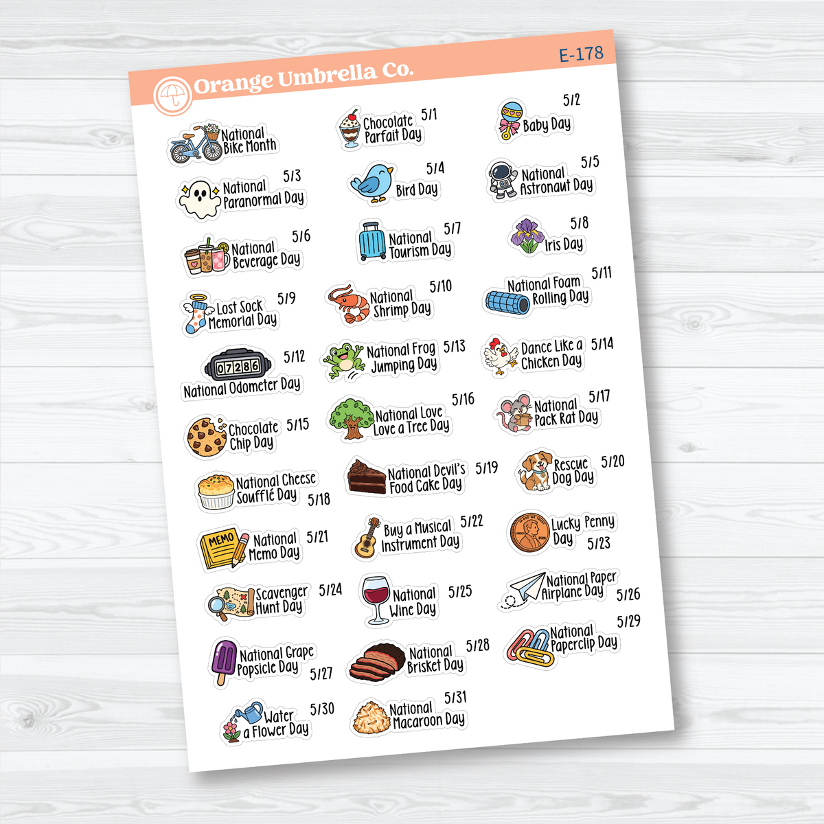 May F18 mini wacky holiday sticker sheets with colorful illustrations, holiday names, and dates on removable white matte paper.