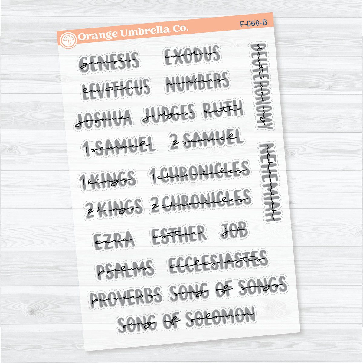 Clear matte three-sheet Large Books of the Bible sticker set in Black Outline with gray uppercase lettering and black script for Old and New Testament faith journal headings.