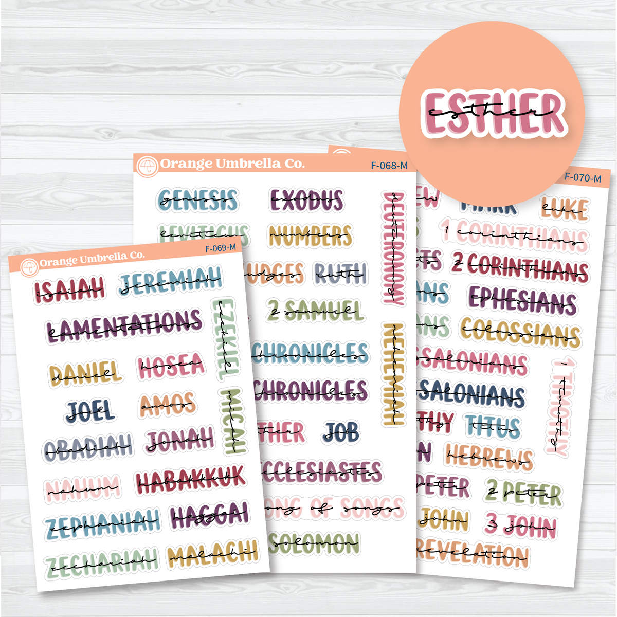 Three-sheet Large Books of the Bible sticker set in Muted Rainbow with layered uppercase and script lettering for Old and New Testament faith journal headings.