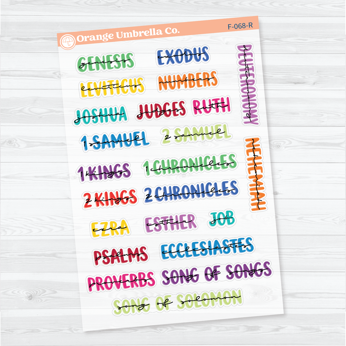Clear matte Large Old Testament Books of the Bible Sheet 1 stickers in Rainbow with layered uppercase and script lettering for faith journals.