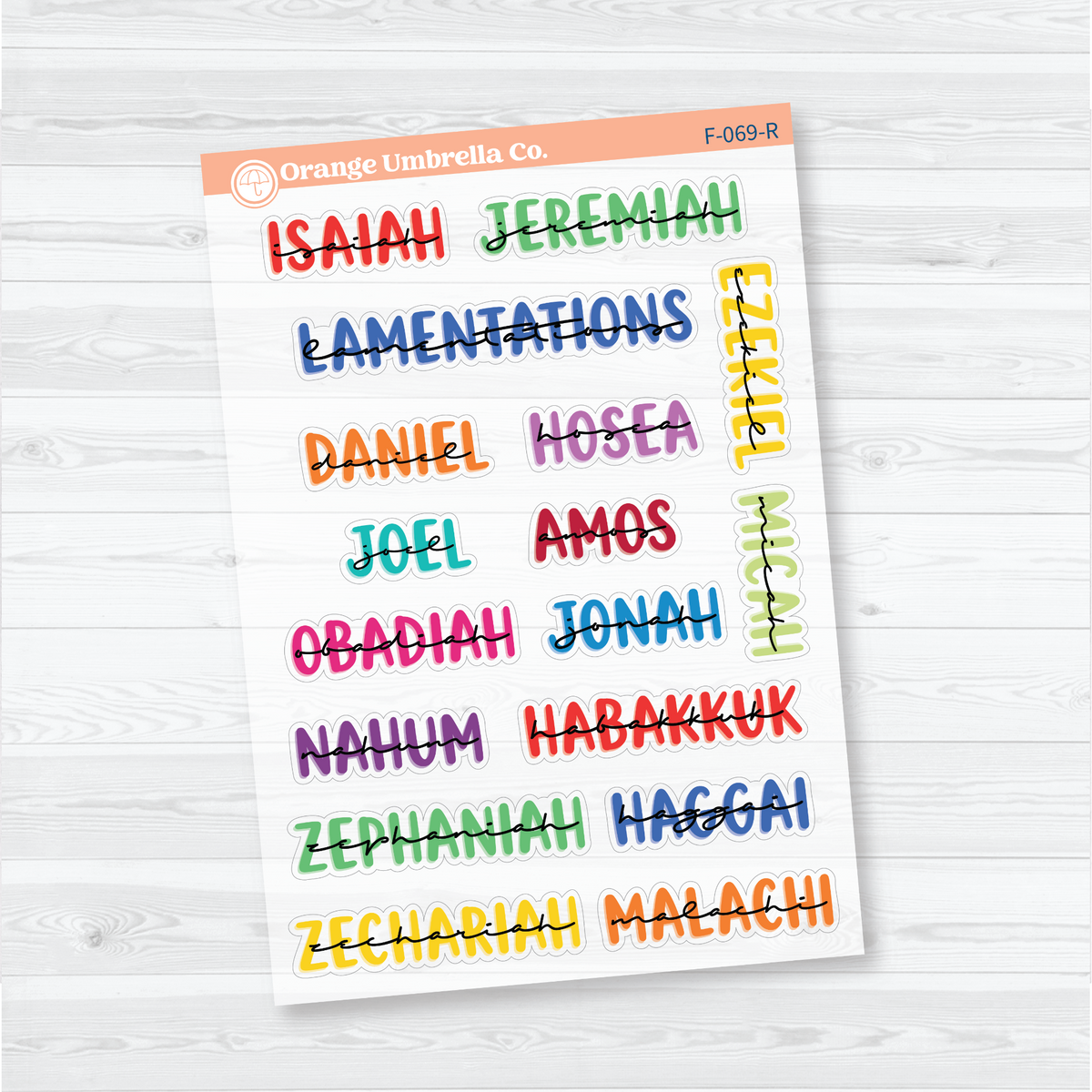 Clear matte Large Old Testament Books of the Bible Sheet 2 stickers in Rainbow with layered uppercase and script lettering for faith journals.