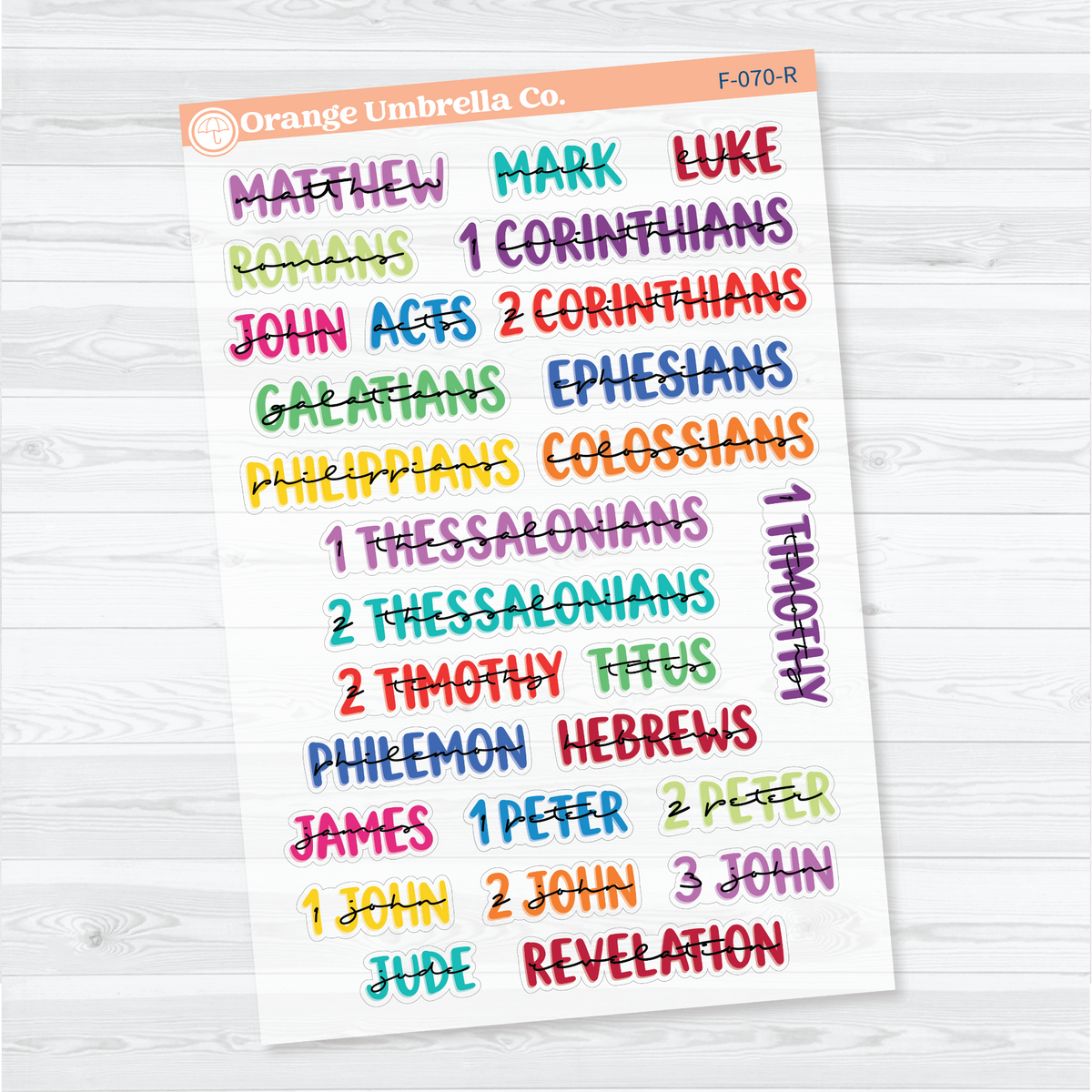 Clear matte Large New Testament Books of the Bible Sheet 3 stickers in Rainbow with layered uppercase and script lettering for faith journals.