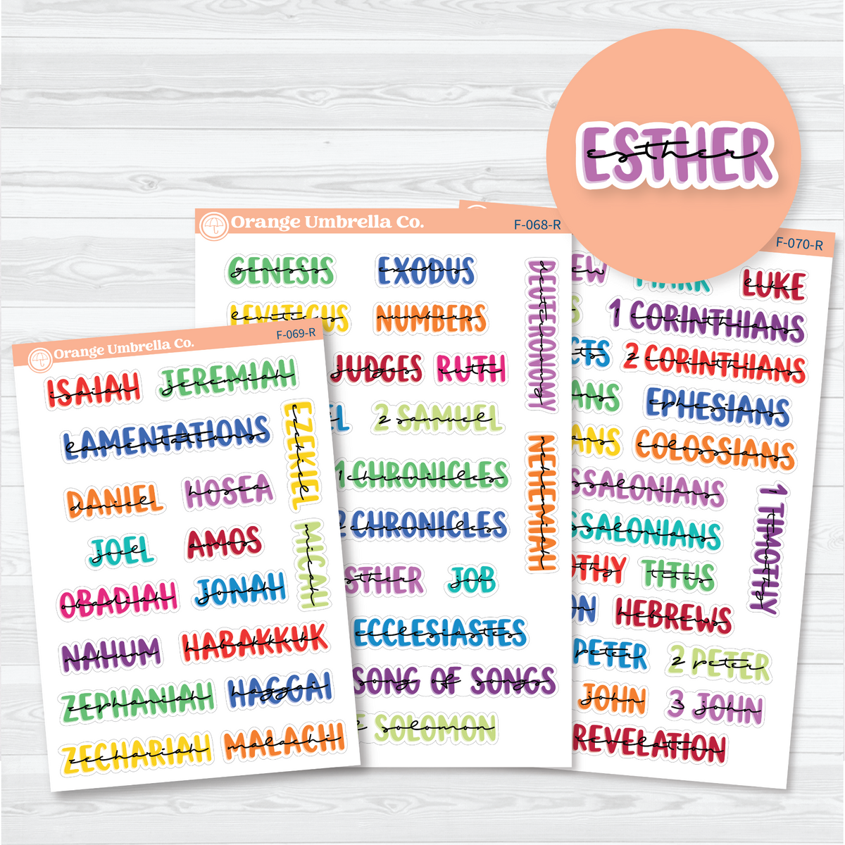 Three-sheet Large Books of the Bible sticker set in Rainbow with layered uppercase and script lettering for Old and New Testament faith journal headings.