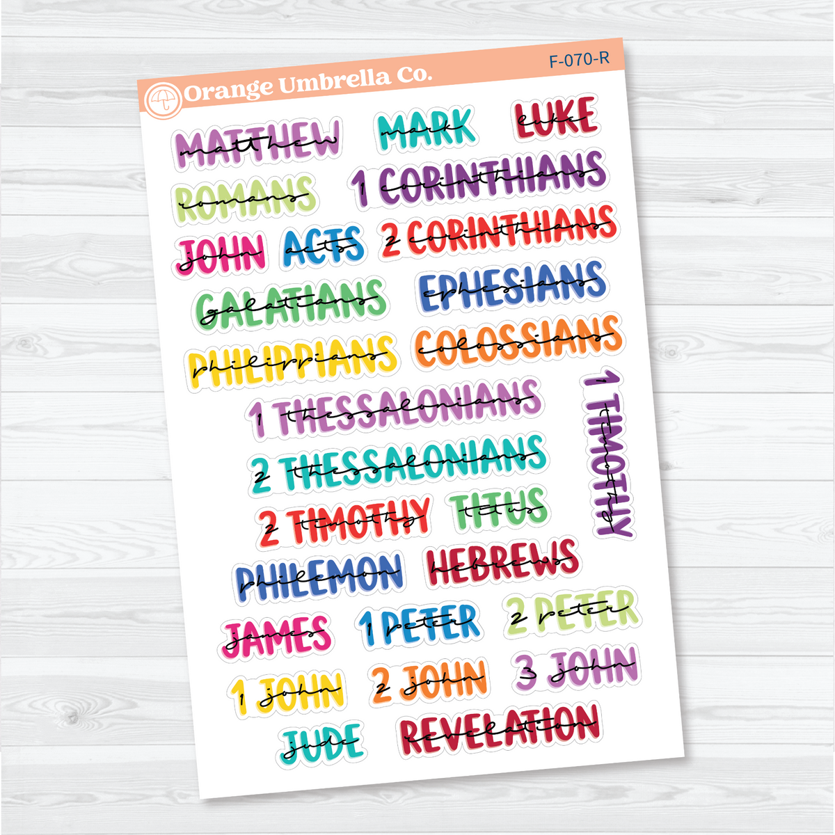 Large New Testament Books of the Bible Sheet 3 stickers in Rainbow with layered uppercase and script lettering for faith journals.