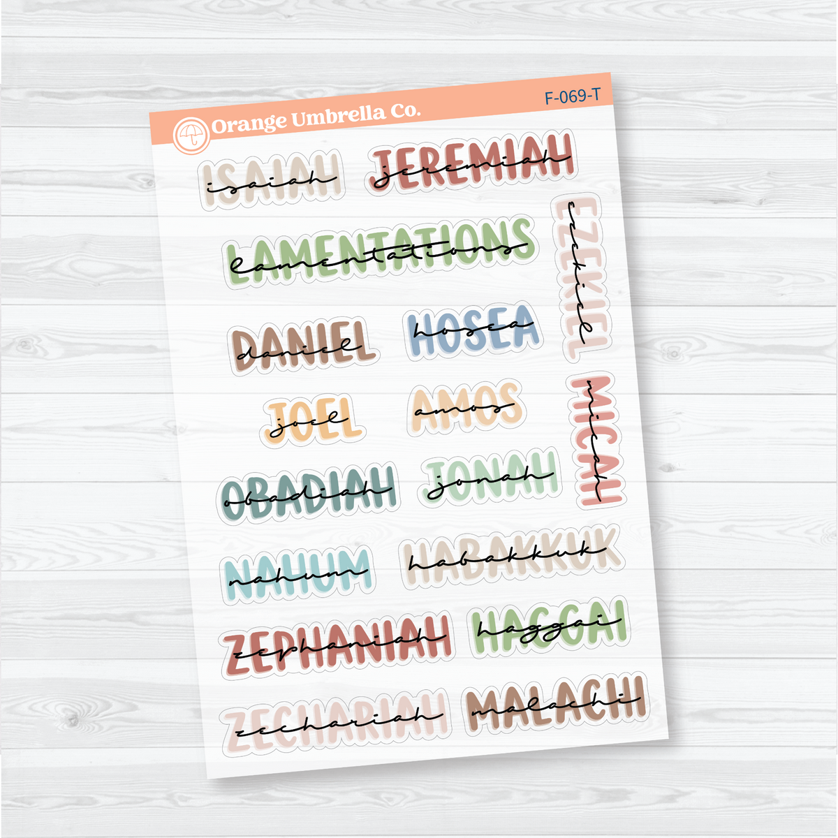 Clear matte Large Old Testament Books of the Bible Sheet 2 stickers in Tranquility with layered uppercase and script lettering for faith journals.