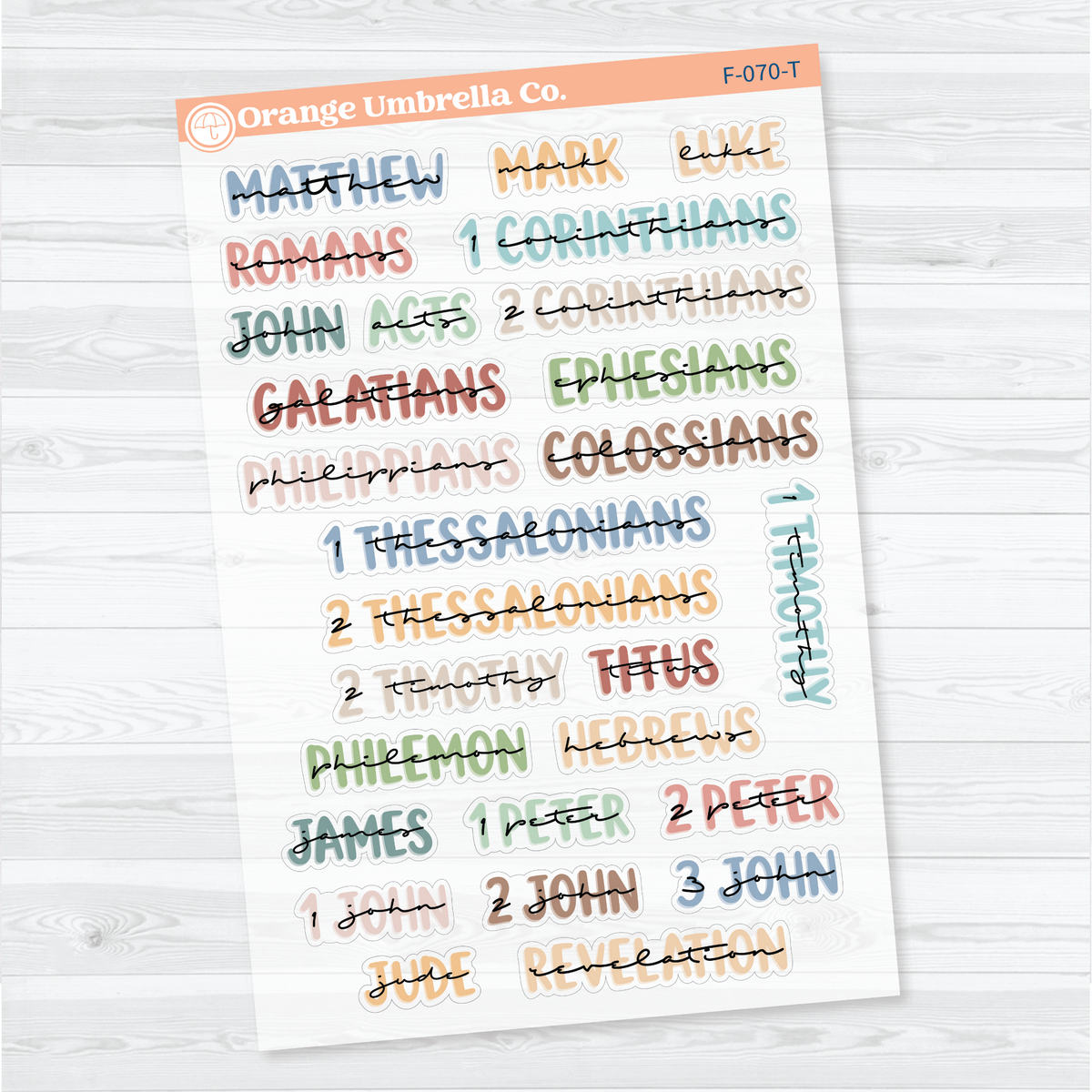 Clear matte Large New Testament Books of the Bible Sheet 3 stickers in Tranquility with layered uppercase and script lettering for faith journals.