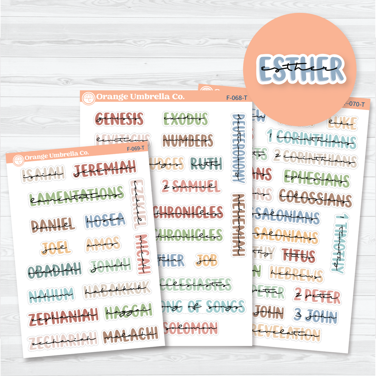 Three-sheet Large Books of the Bible sticker set in Tranquility with layered uppercase and script lettering for Old and New Testament faith journal headings.