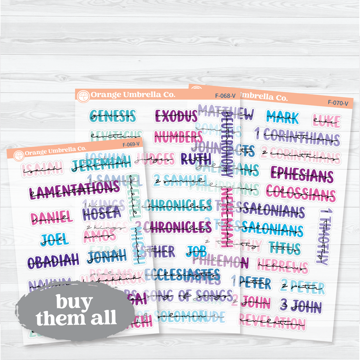 Clear matte All Sheets bundle of Large Books of the Bible stickers in Vibrant with 67 Old and New Testament book headings for faith journals.