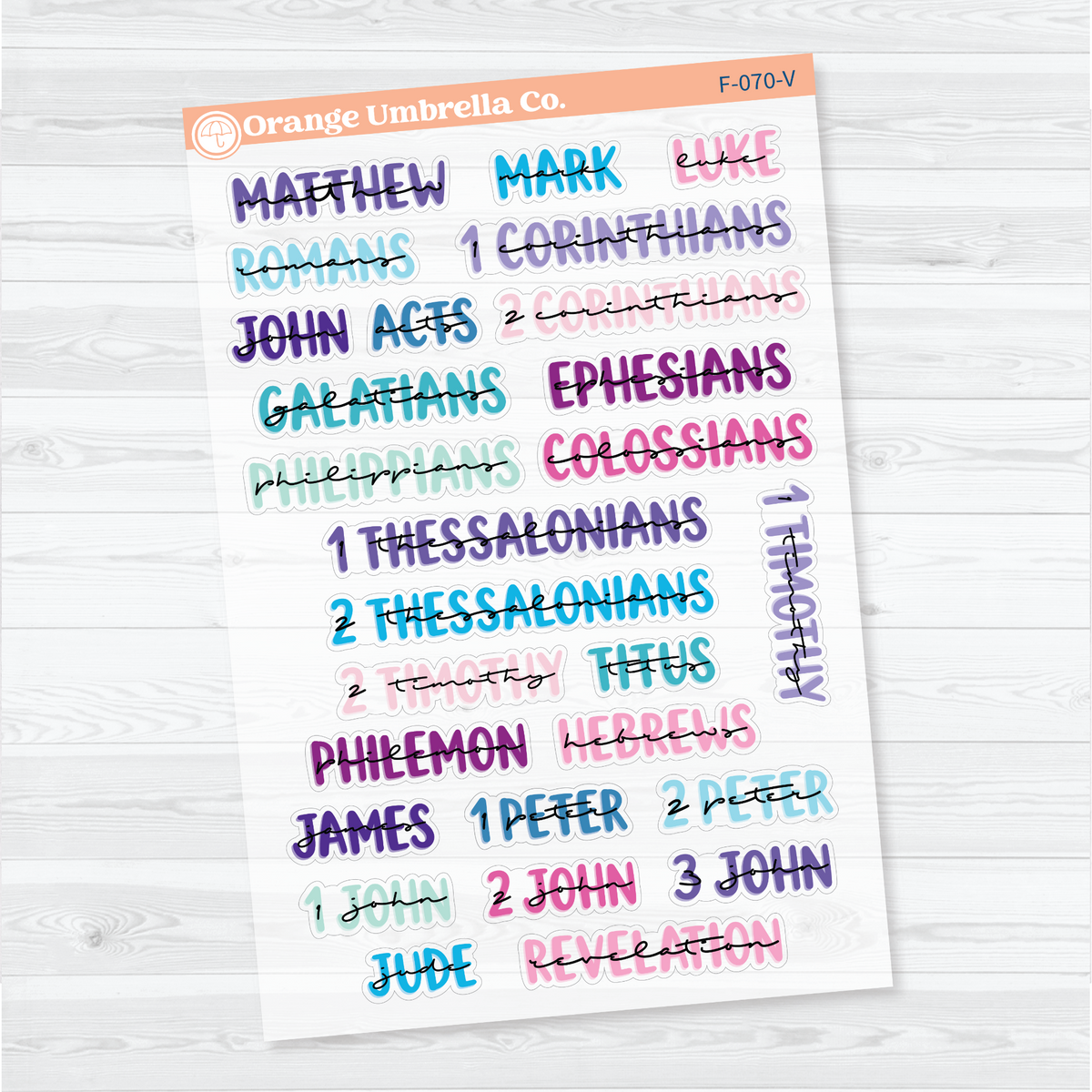 Clear matte Large New Testament Books of the Bible Sheet 3 stickers in Vibrant with layered uppercase and script lettering for faith journals.